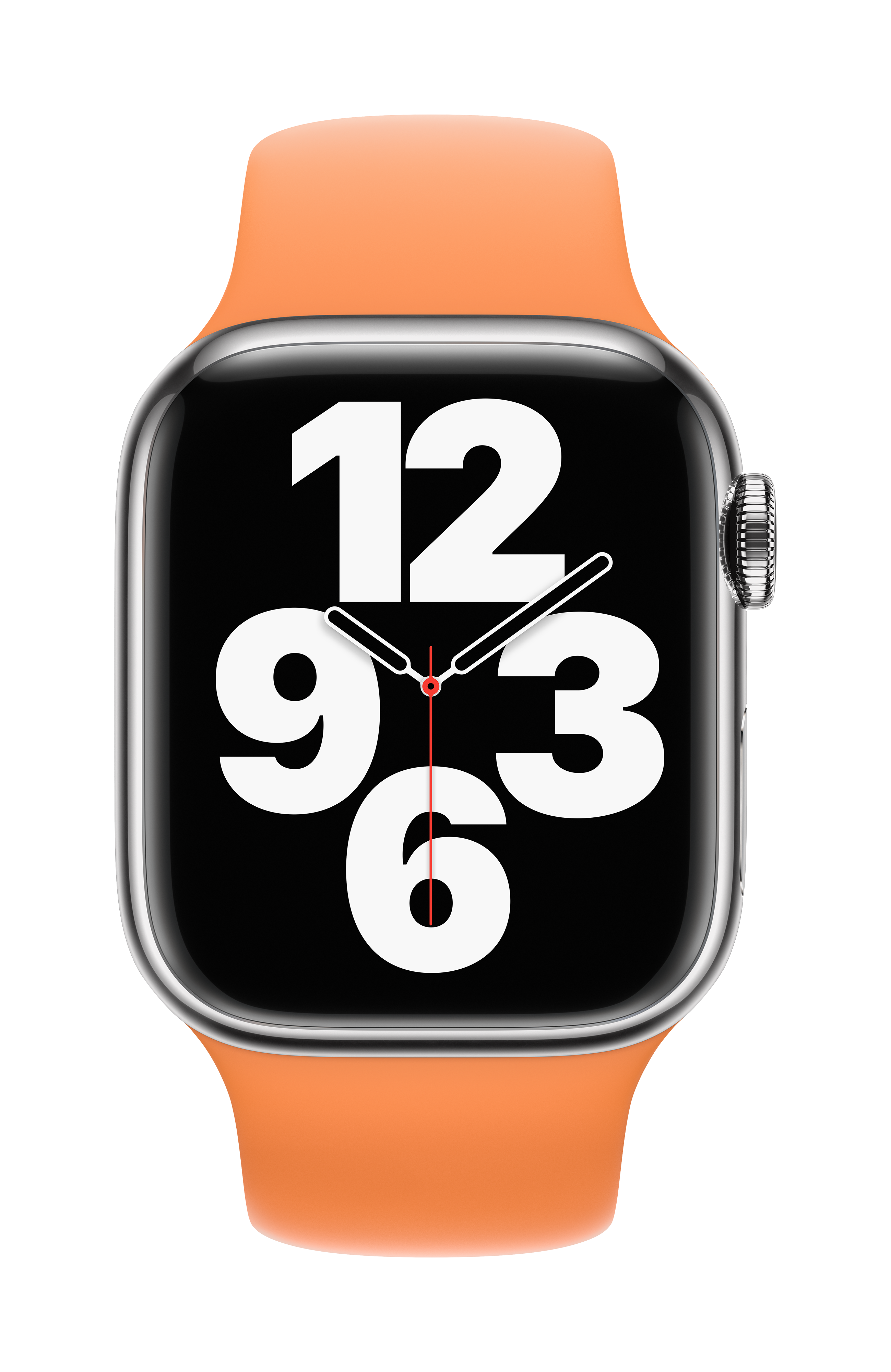 Apple Watch con correa naranja, pantalla negra con números blancos 12, 9, 3, 6. Aguja roja de segundos.