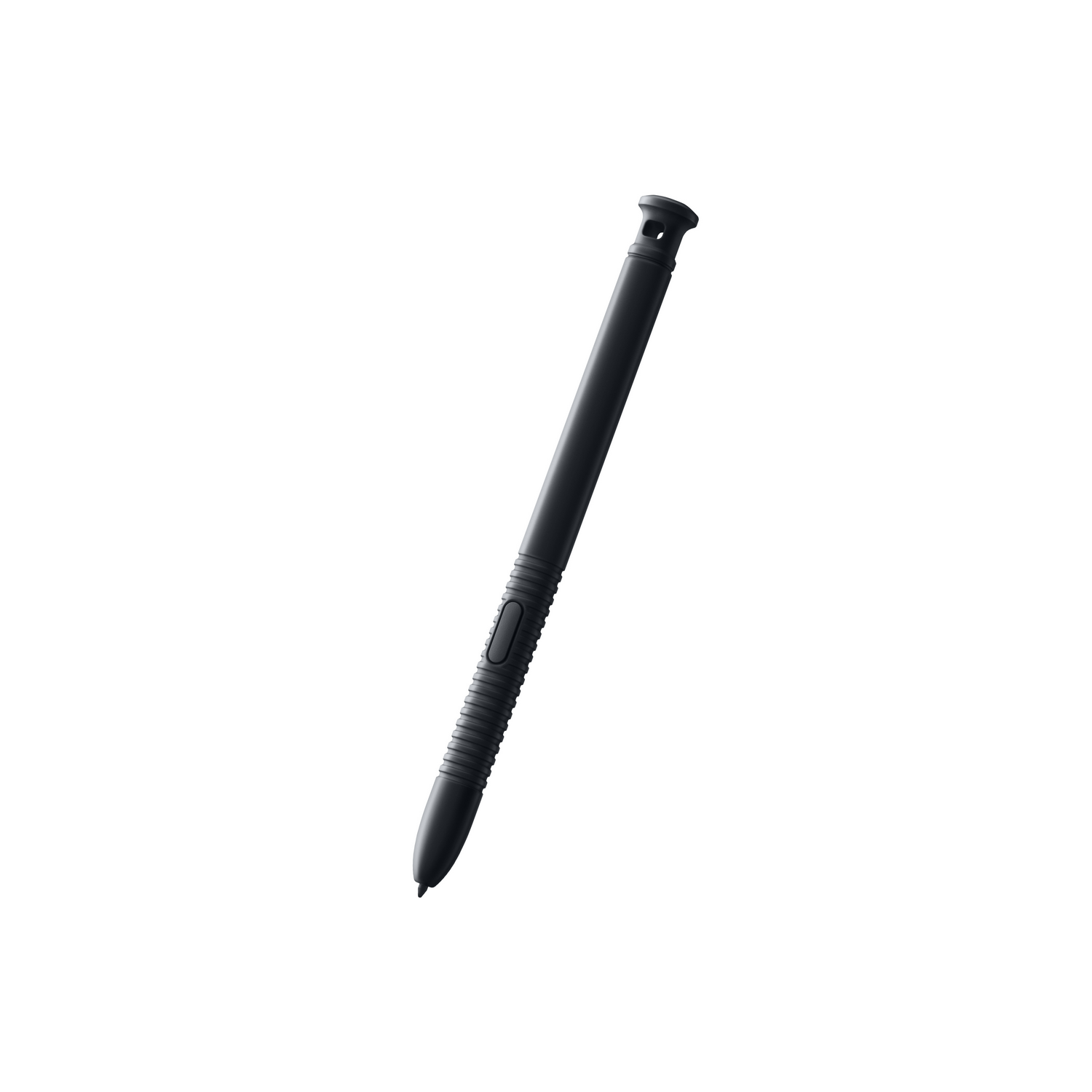 Lápiz óptico Samsung S Pen negro. Toma en ángulo con fondo blanco.