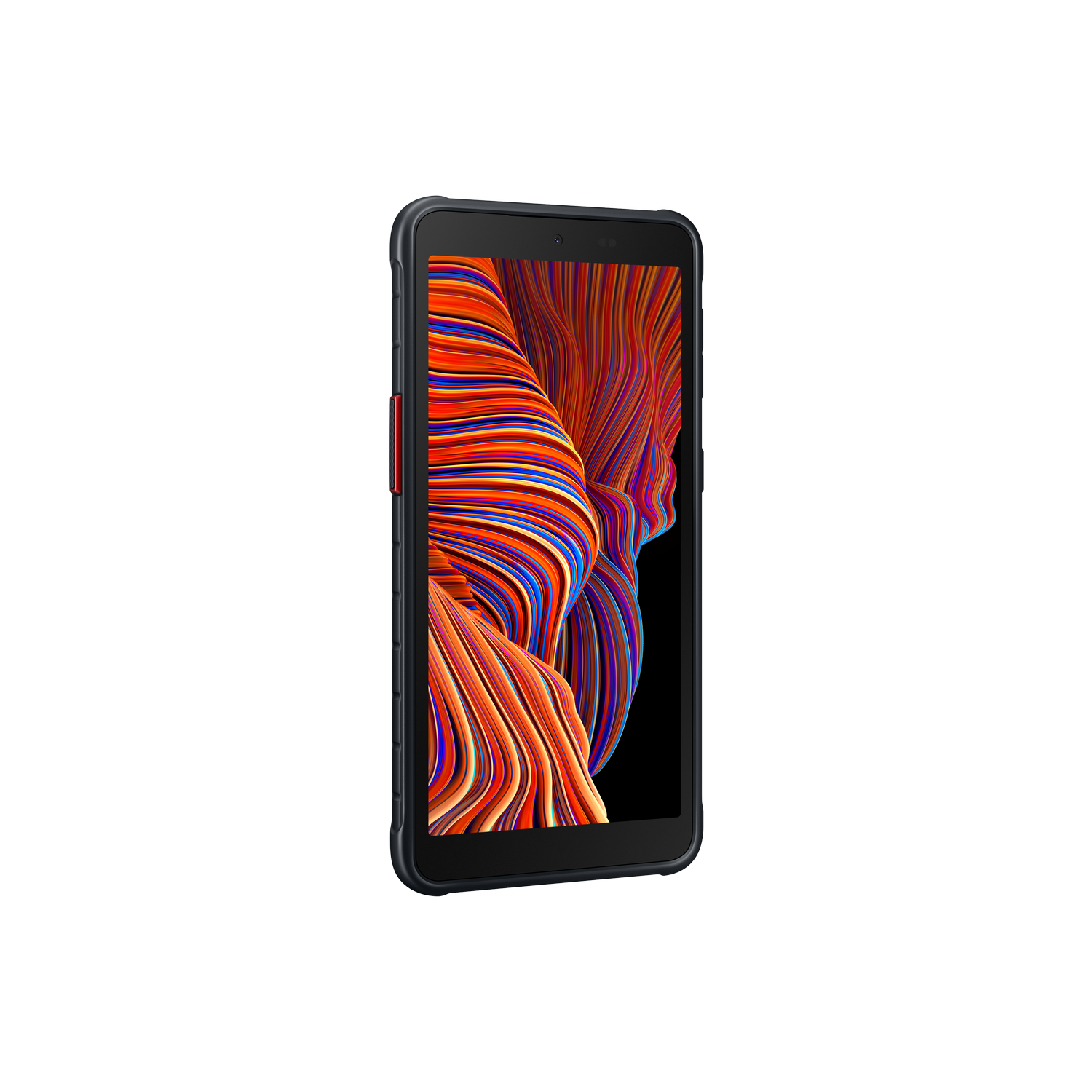Teléfono con fondo ondulado. Teléfono negro con ondas naranjas, azules y rojas.