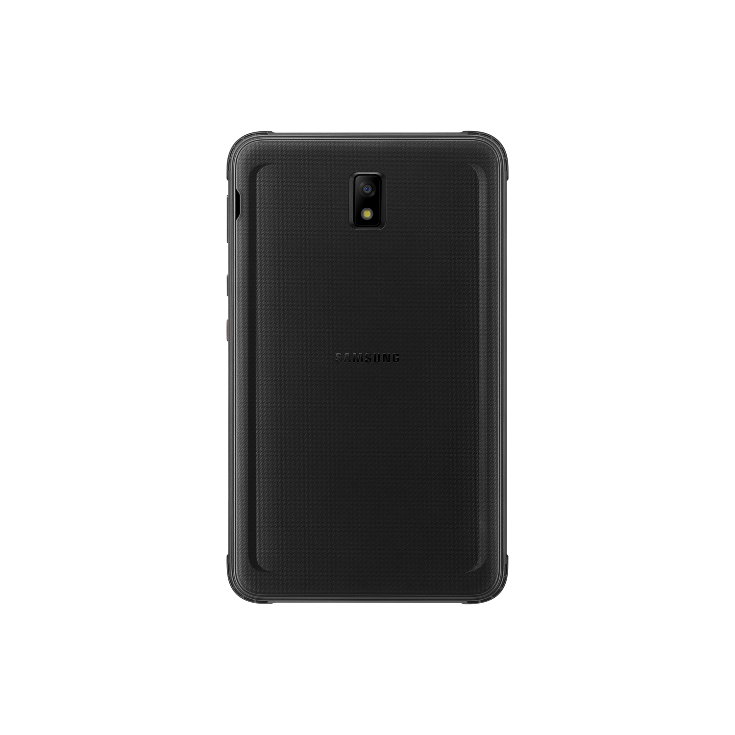 Parte trasera de una tableta Samsung negra con cámara y logotipo.