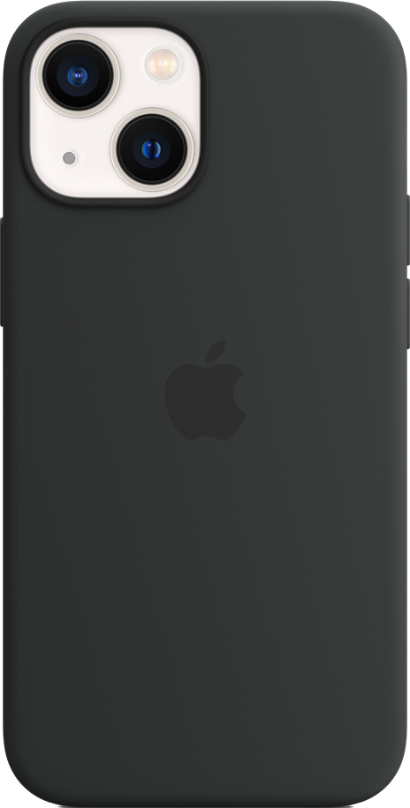 Dos d'une coque noire pour iPhone 13 avec le logo Apple et le module caméra. Fond blanc.