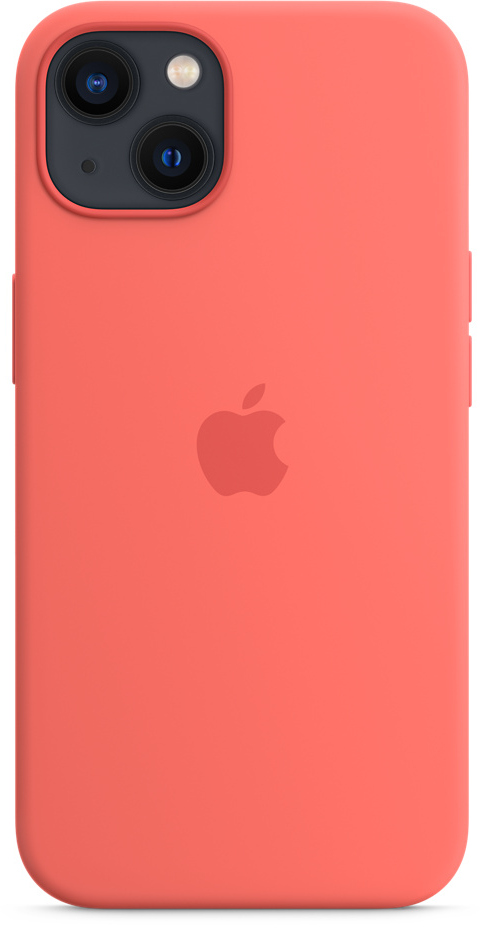 Een koraalrode iPhone 13, achterkant omhoog, met het Apple-logo.
