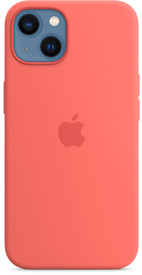 Koraalroze iPhone-hoesje met het Apple-logo, een dubbele camerabult en knoppen.