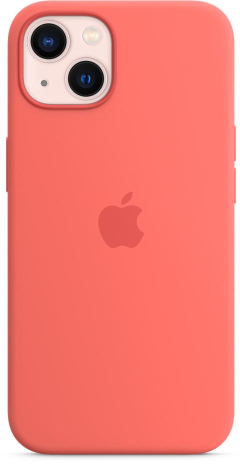 Koraal iPhone met camera, Apple logo. De telefoon is gecentreerd, met een minimalistisch ontwerp.