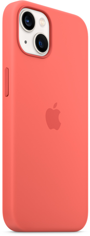 Een koraalkleurige iPhone-hoes, die de achterkant met het Apple-logo en cameralenzen toont.