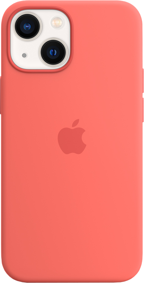 Koraalroze iPhone 13-hoesje met Apple-logo. Afgeronde hoeken en cameramodule.