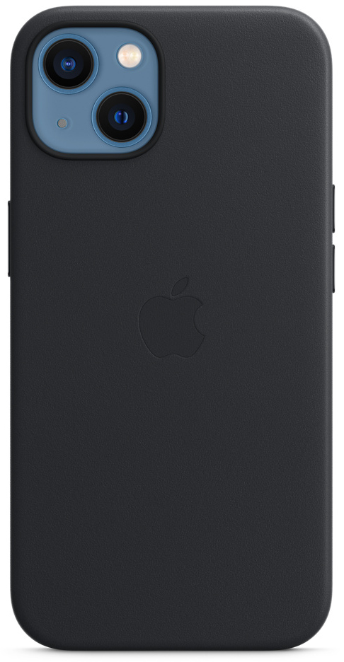 Zwarte telefoonhoes met een Apple-logo. Leren textuur, simpel design.