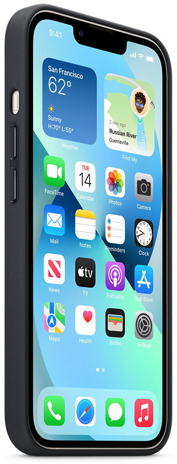 Een iPhone in een zwarte hoes met een weer- en app-interface op het scherm.