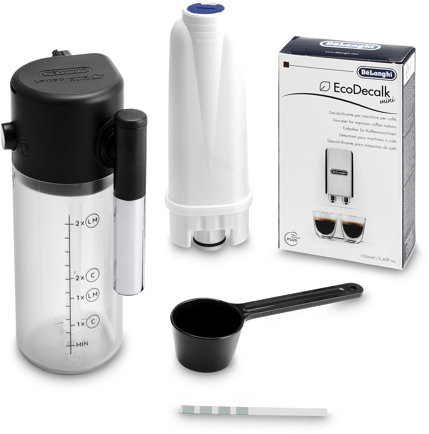 Reinigingskit voor koffiemachine met watercontainer, filter, ontkalker en een schepje.