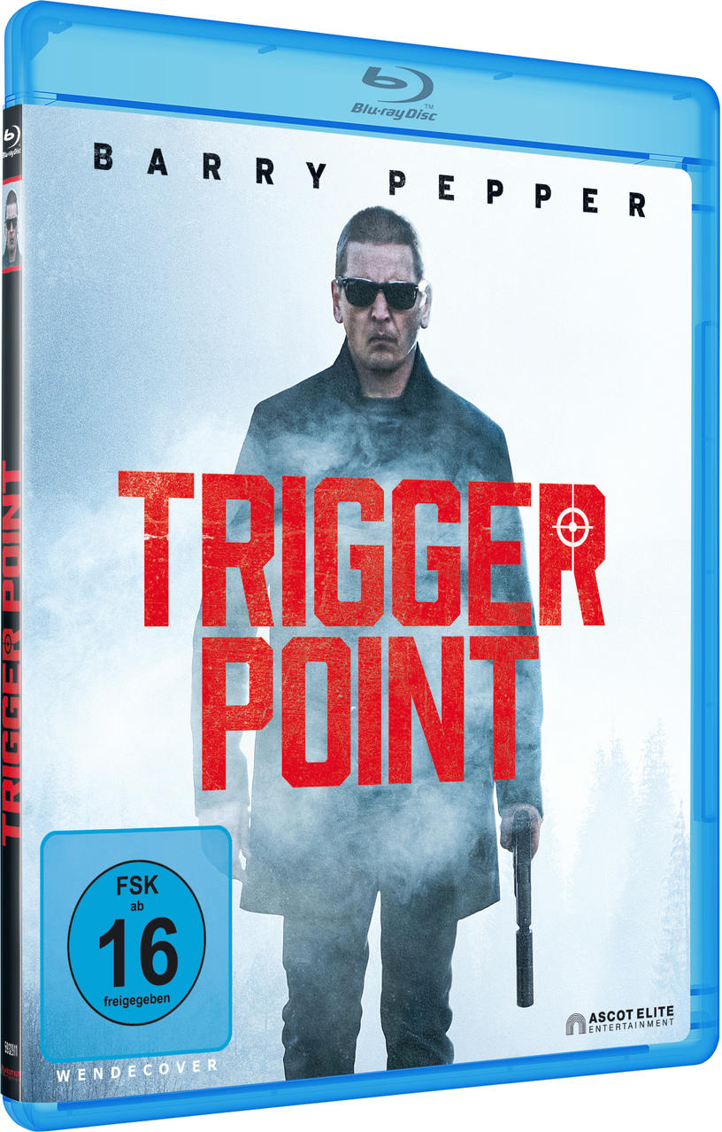 Blu-ray-Disc-Hülle mit dem Film Trigger Point. Mann in Schwarz, mit Waffe, auf Schnee.