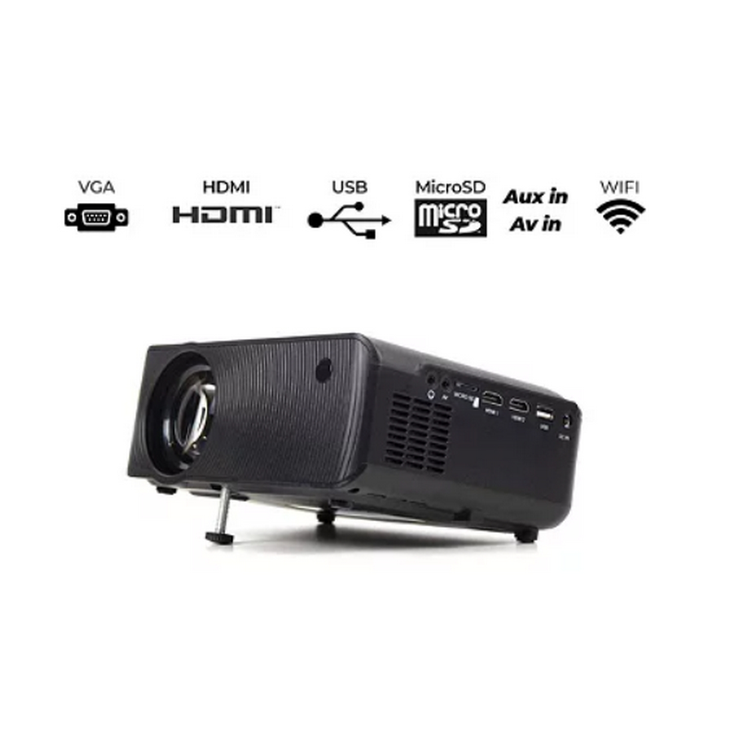 Un proyector negro con conectividad VGA, HDMI, USB, MicroSD, Aux y WiFi.