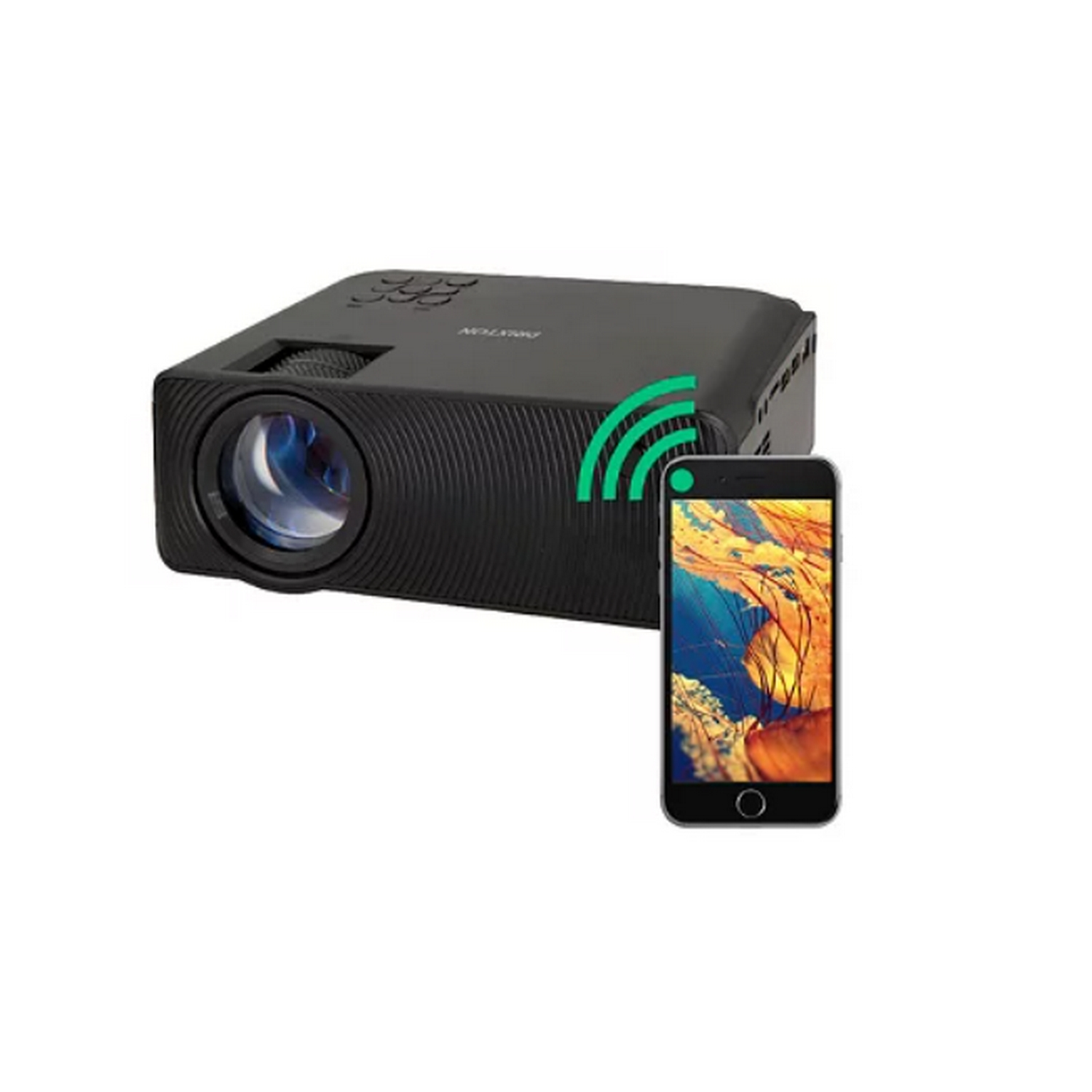Un proyector negro junto a un smartphone que muestra una imagen de medusa.