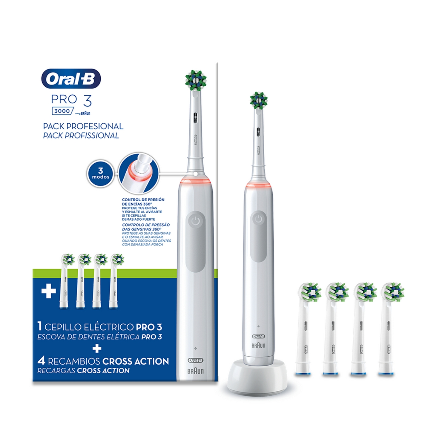 Cepillo de dientes eléctrico blanco Oral-B Pro 3 con cabezales de repuesto y base de carga.