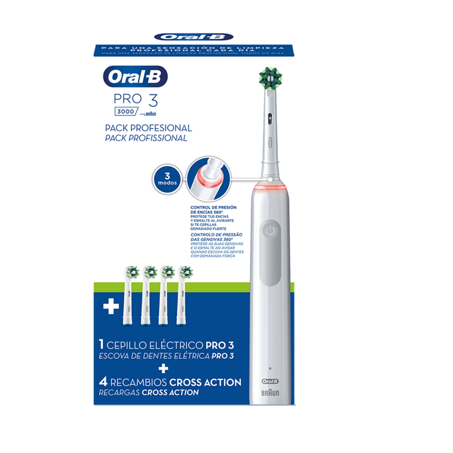 Paquete de cepillo de dientes eléctrico Oral-B Pro 3. Incluye un cepillo de dientes, cuatro cabezales y texto.