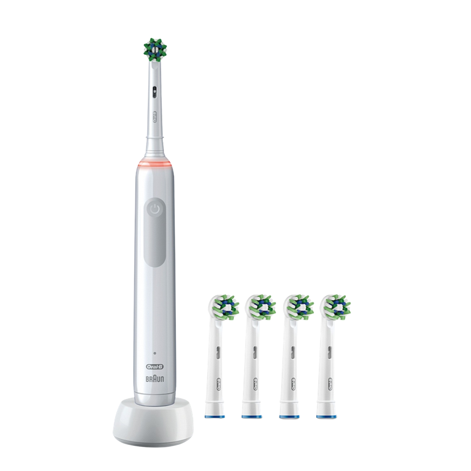 Cepillo de dientes eléctrico blanco con cabezales de repuesto.