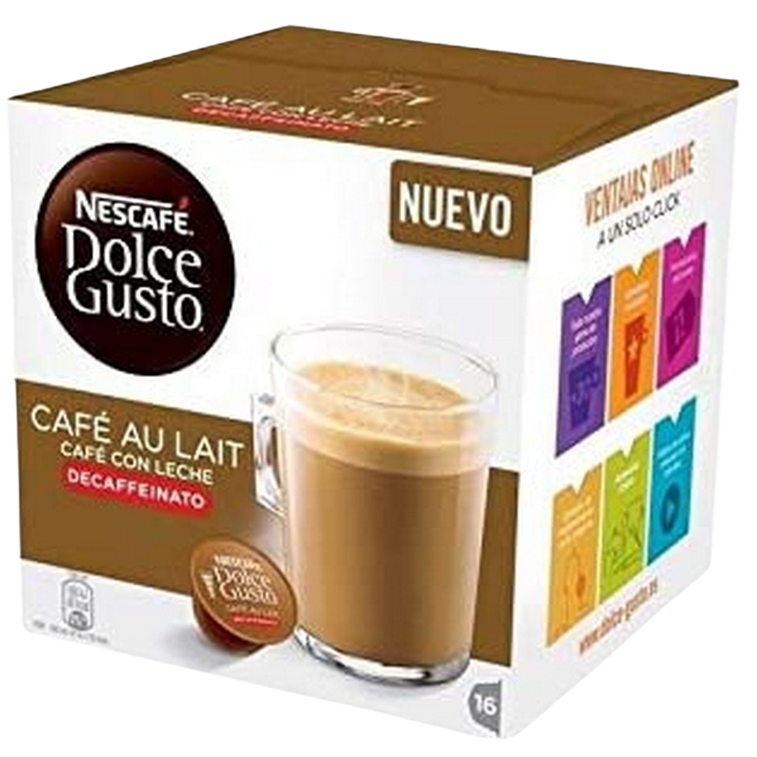 Caja de café con un vaso de café y una cápsula Dolce Gusto.