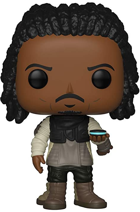 Funko Pop figurine of a black man, holding a small blue object.