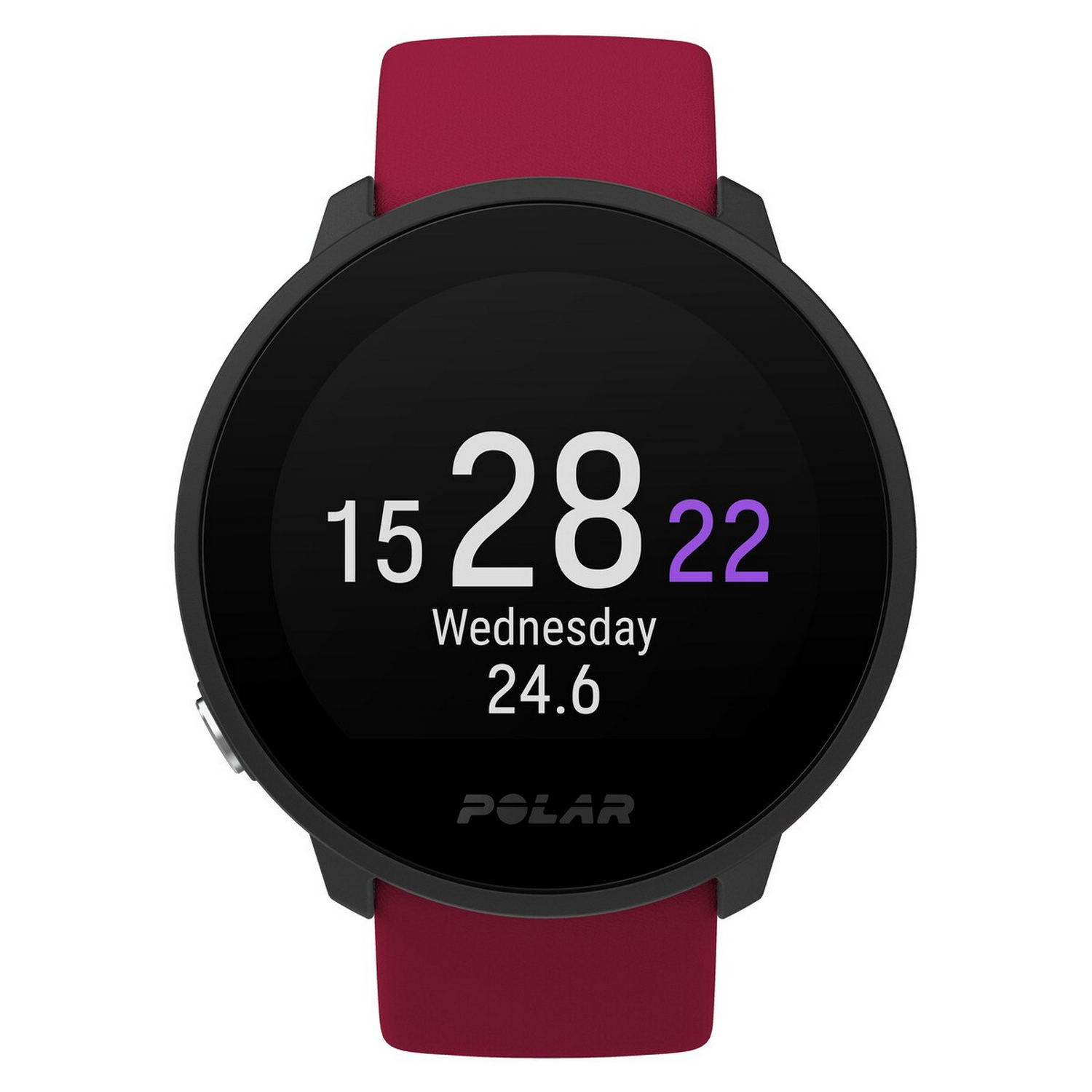 Reloj inteligente negro con correa roja, mostrando hora y fecha.