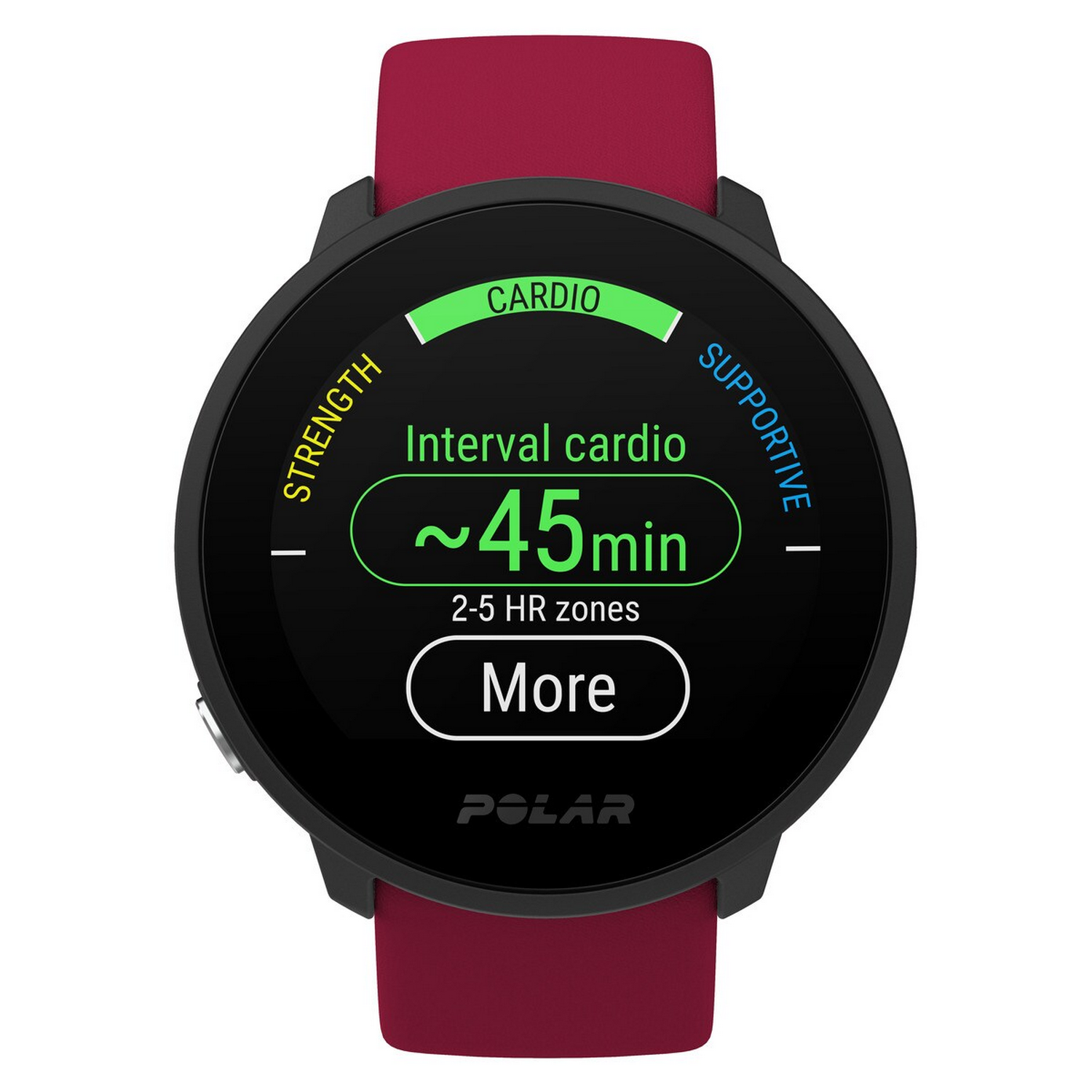 Reloj inteligente negro con correa roja. Pantalla muestra 'Cardio' y datos de entrenamiento de 45min. Logo Polar.