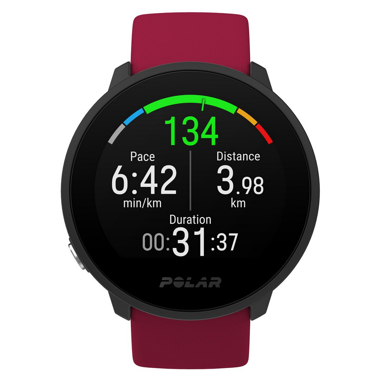 Reloj inteligente que muestra ritmo, distancia y duración. El reloj es negro con correa roja.
