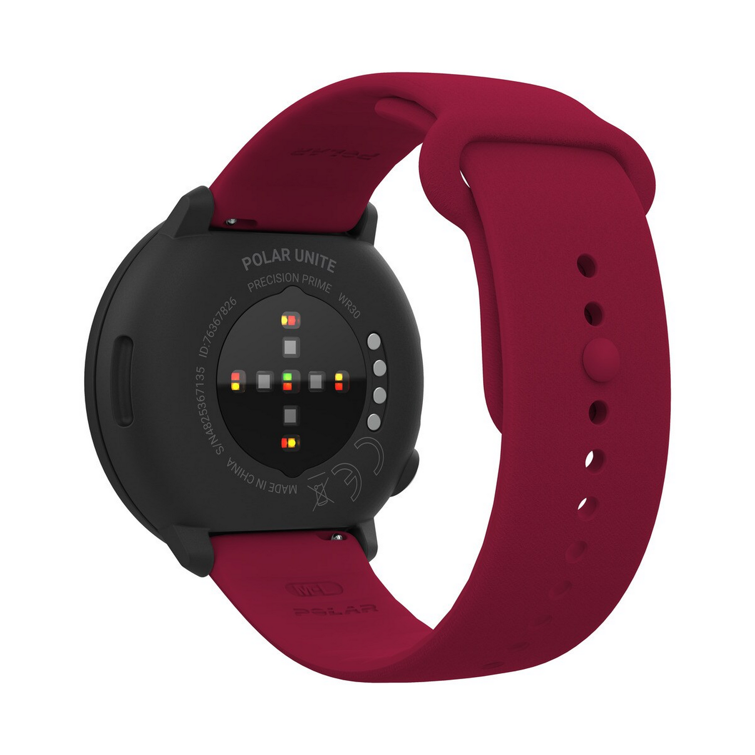 La parte posterior de un smartwatch negro con una correa roja, que muestra los detalles del sensor y la carga.