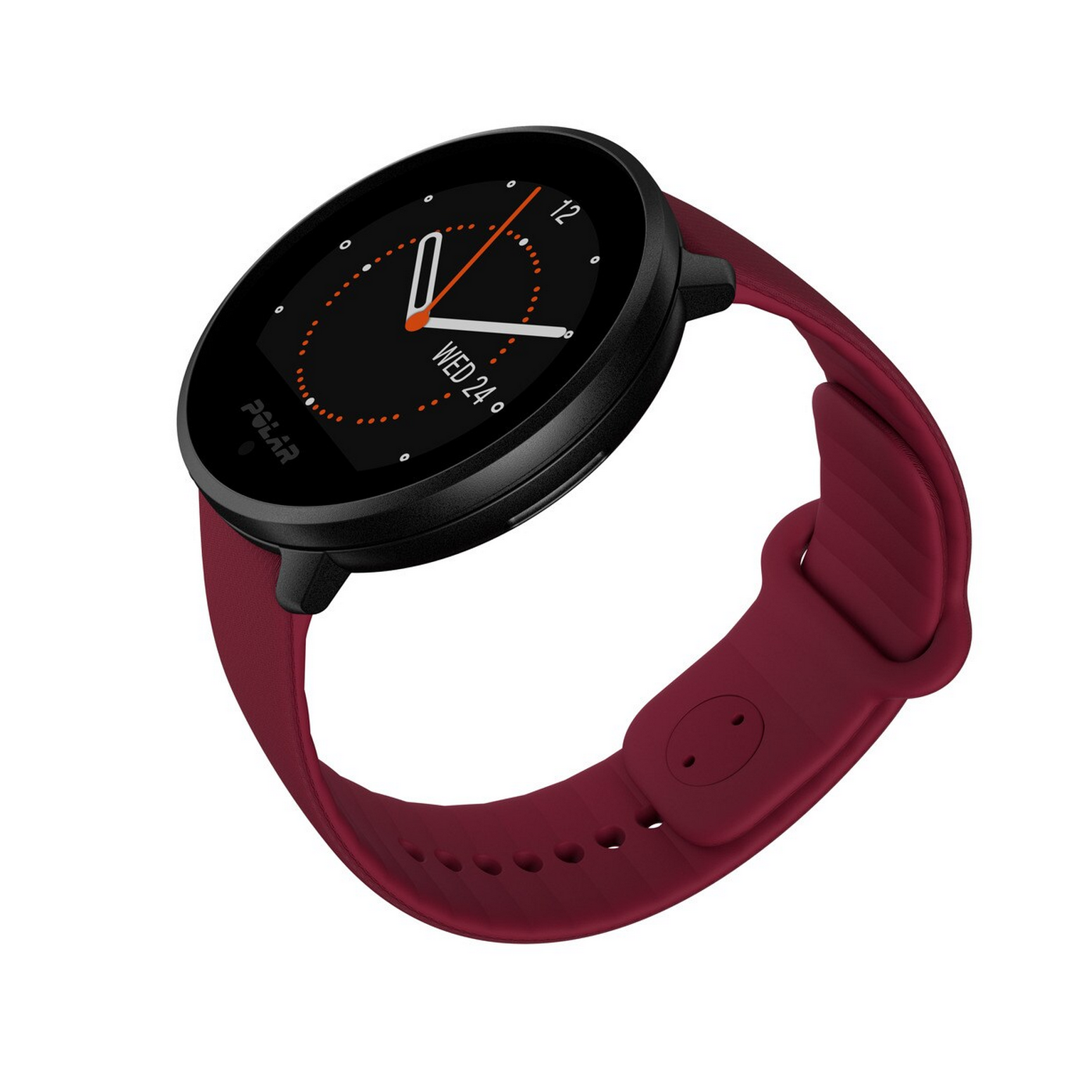 Smartwatch negra con correa burdeos, mostrando la hora y la fecha.