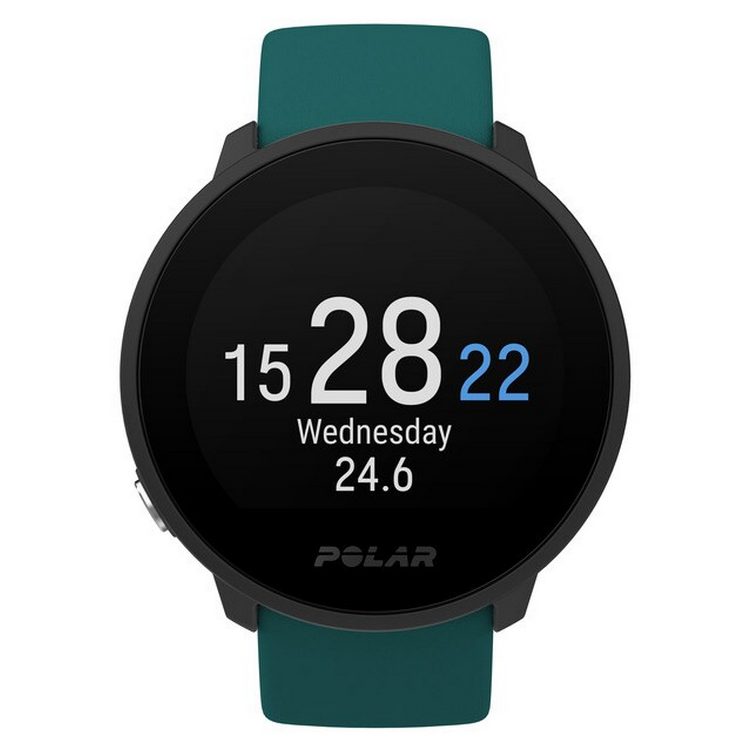Reloj inteligente negro con correa verde. Muestra hora y fecha. Pantalla redonda.