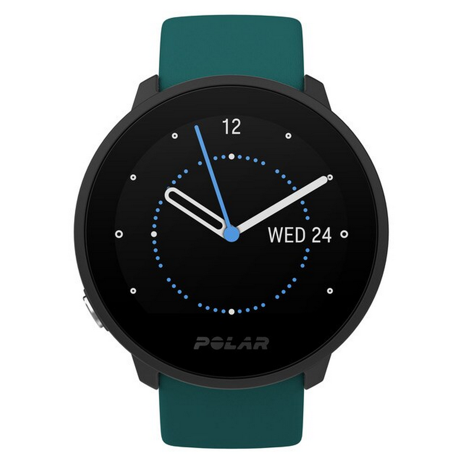 Reloj inteligente Polar negro con correa verde, que muestra la hora y la fecha.