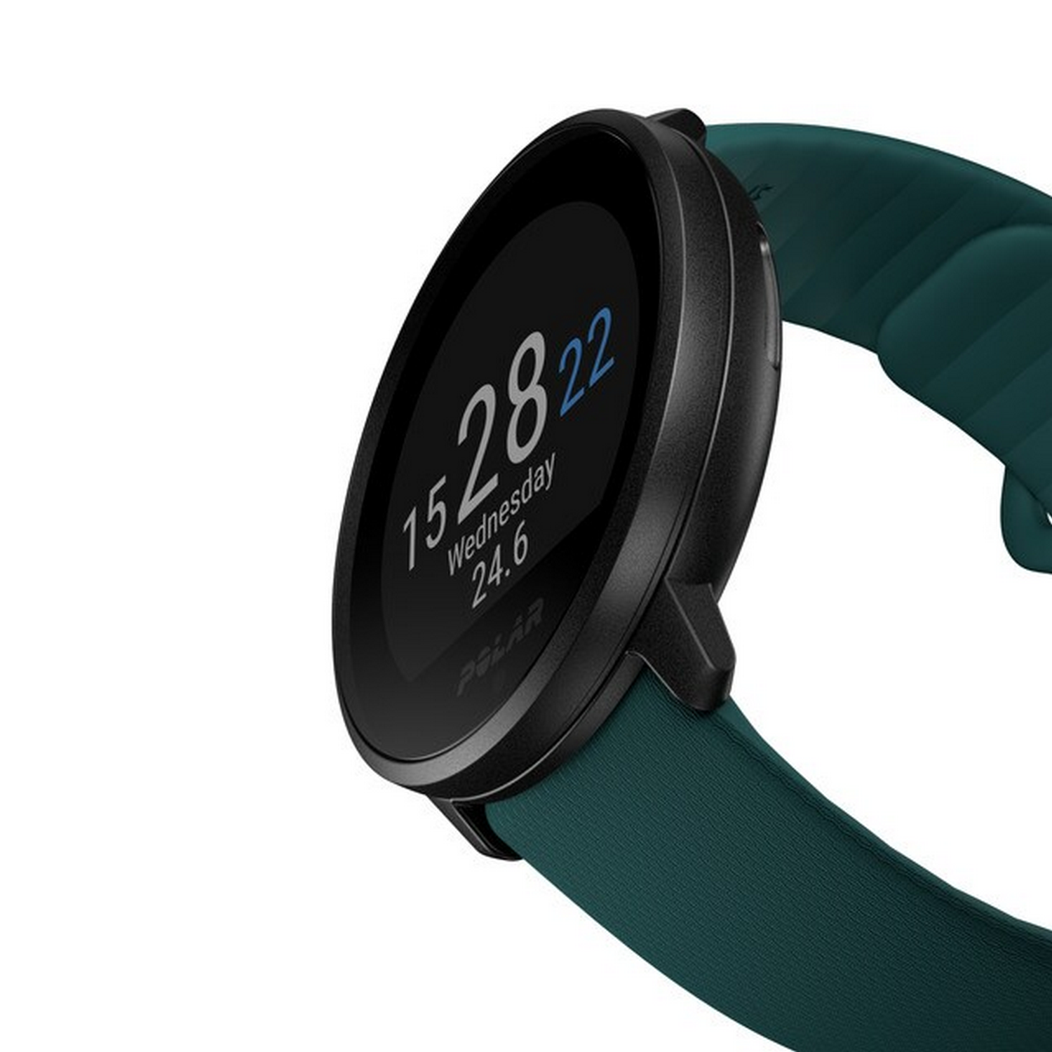 Un smartwatch verde azulado con una esfera circular negra. Muestra la hora y la fecha.
