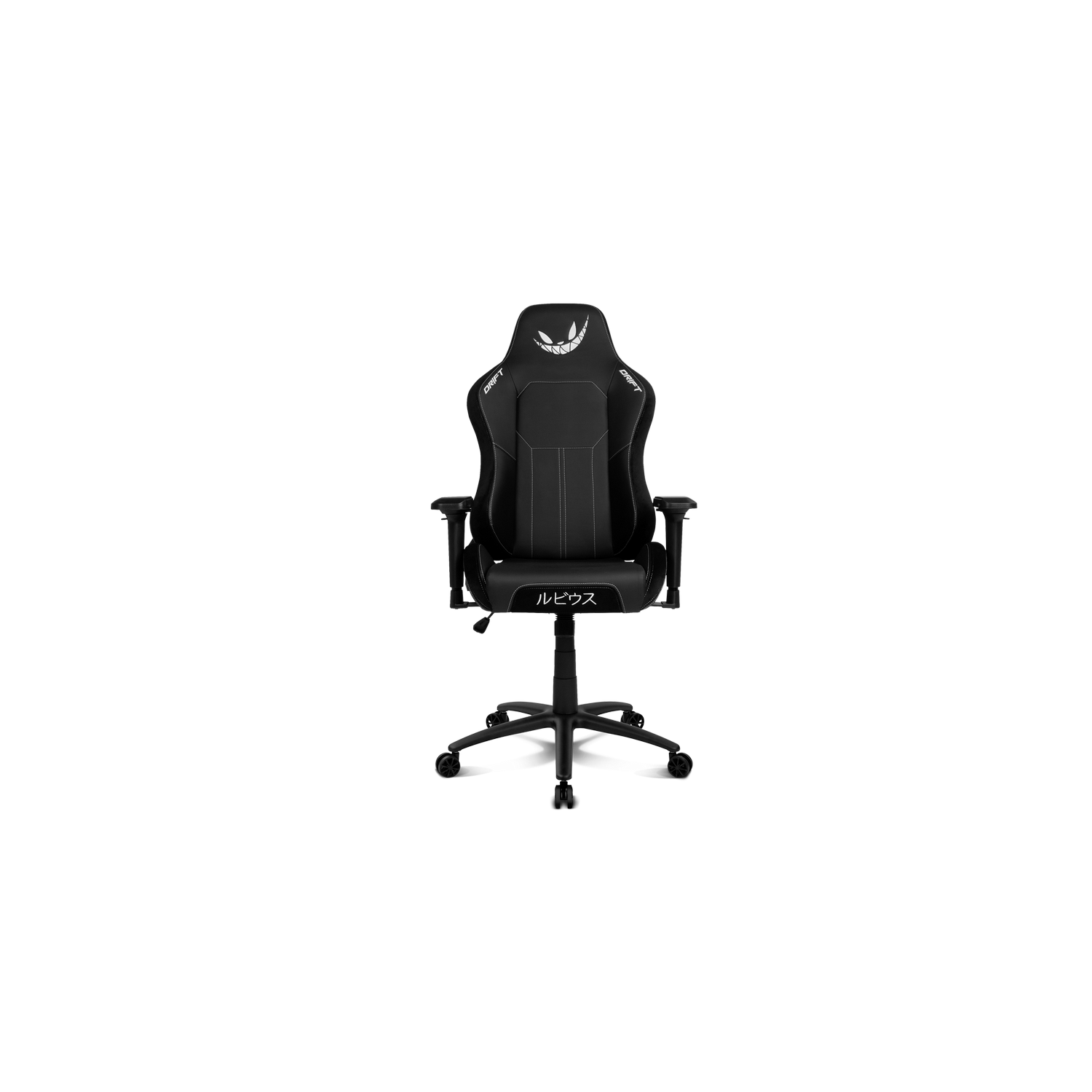 Una silla gaming negra con detalles y texto blancos. Tiene una base negra y está sobre un fondo negro.