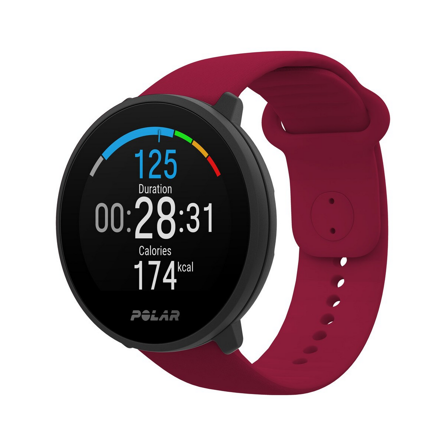 Reloj inteligente rojo con una pantalla negra que muestra el tiempo, la duración, las calorías y un gráfico de progreso.