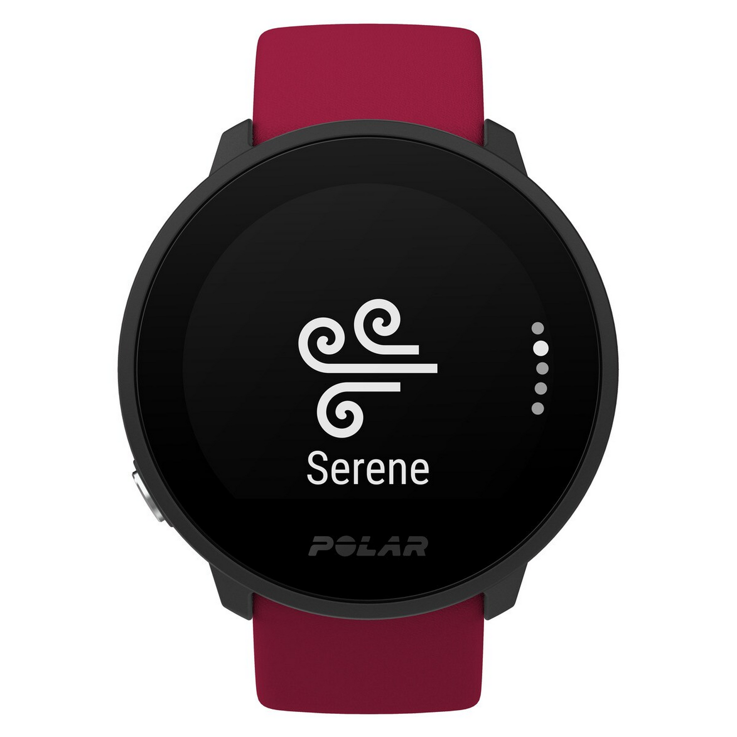 Un smartwatch Polar con una correa roja, mostrando el icono de relajación 'Serene'.