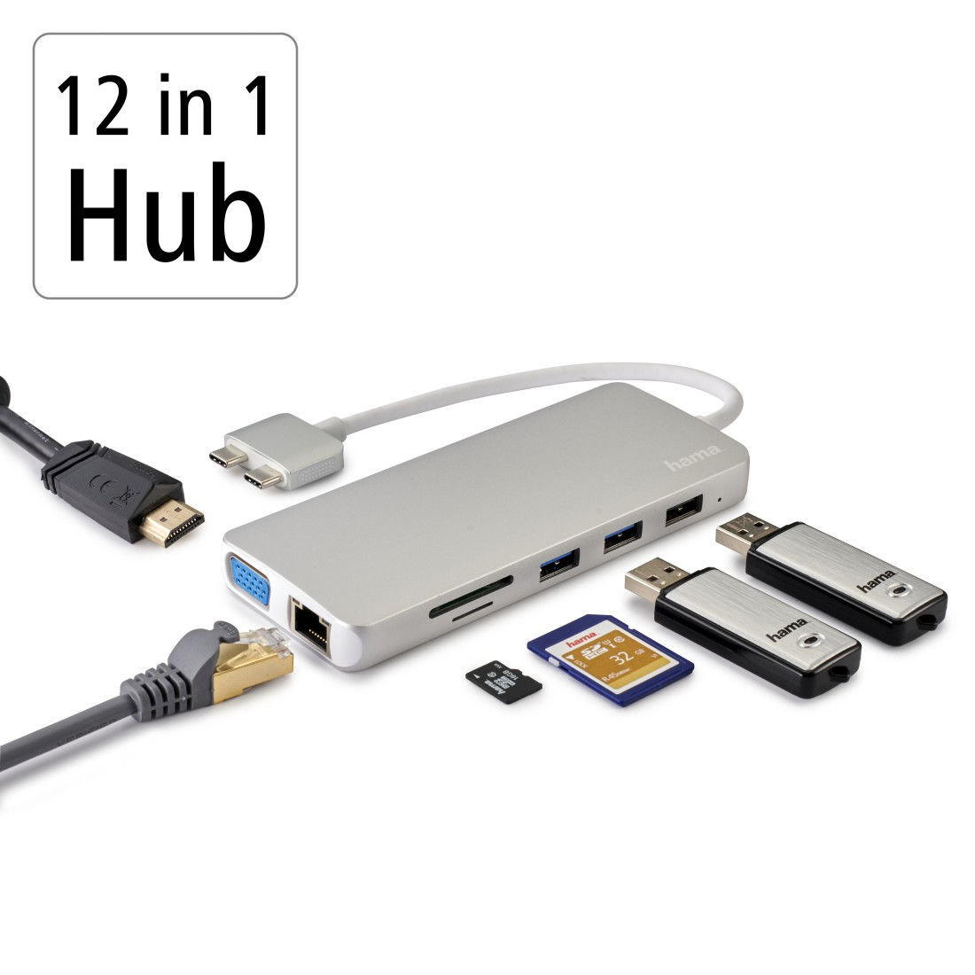 Silberner 12-in-1 Hub mit angeschlossenen Kabeln: HDMI, USB, Ethernet, SD-Karte.