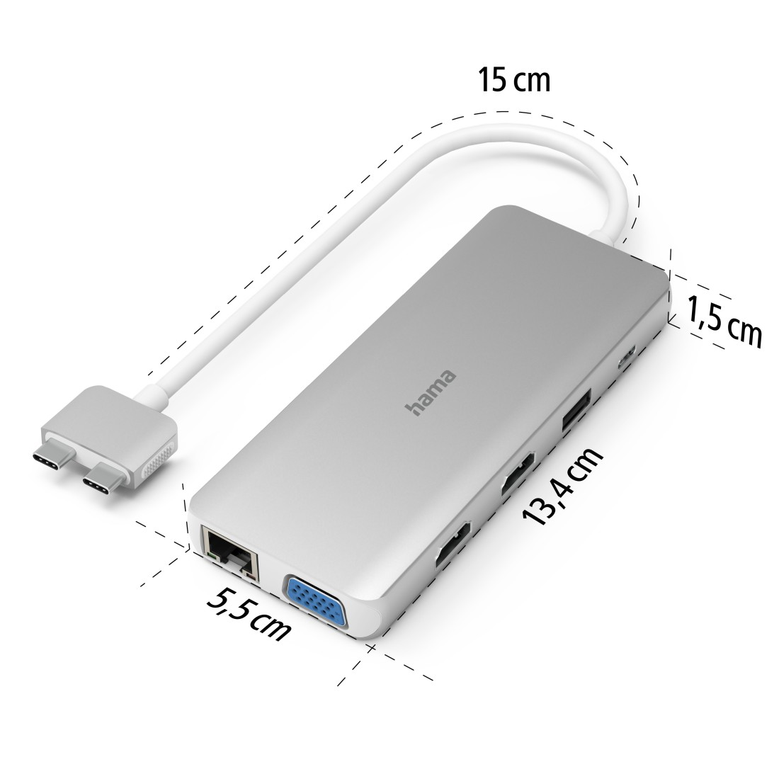 Silberner Hama USB-C Hub mit mehreren Anschlüssen und beschrifteten Abmessungen.