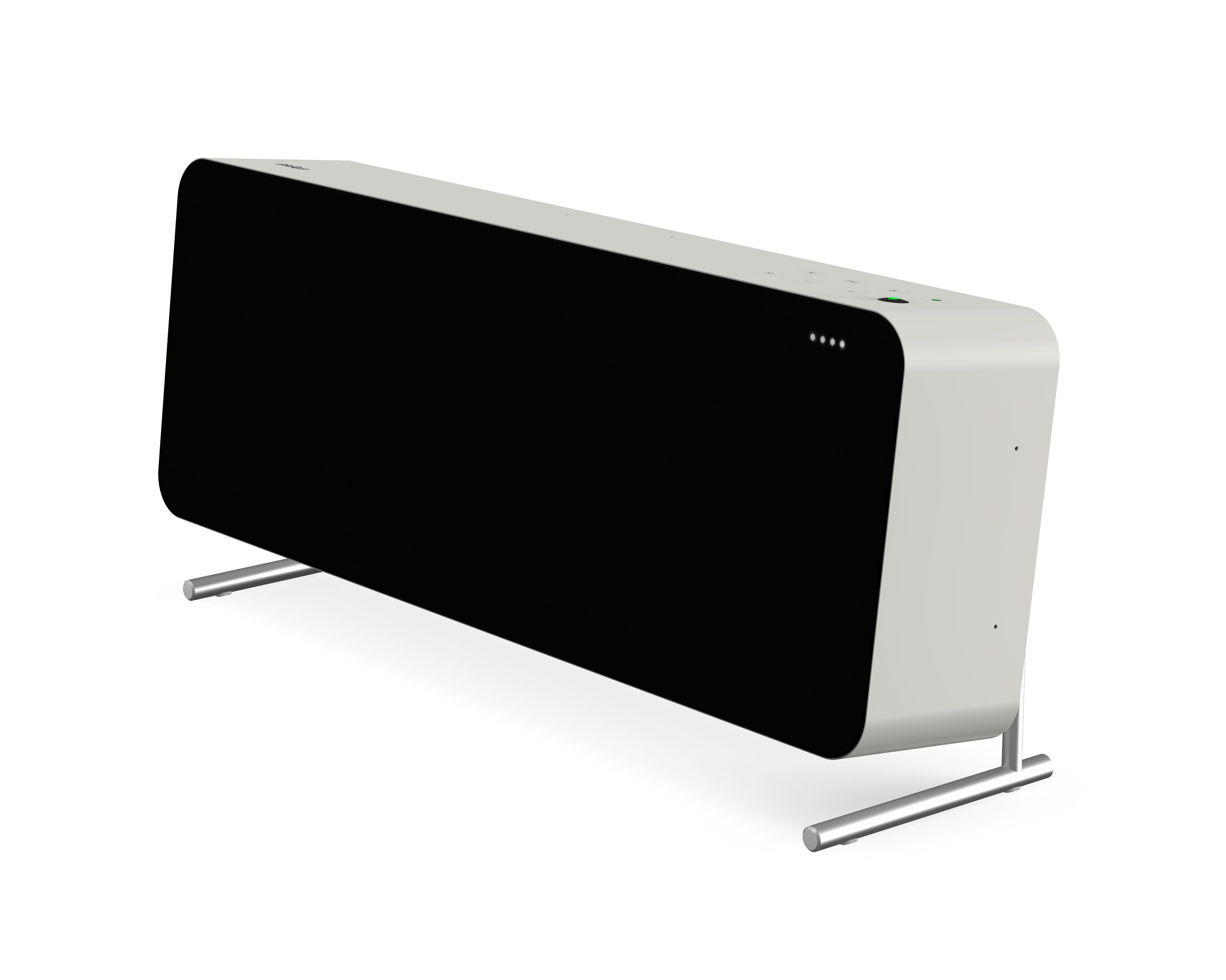 Weiß-schwarze Soundbar mit Metallbeinen.