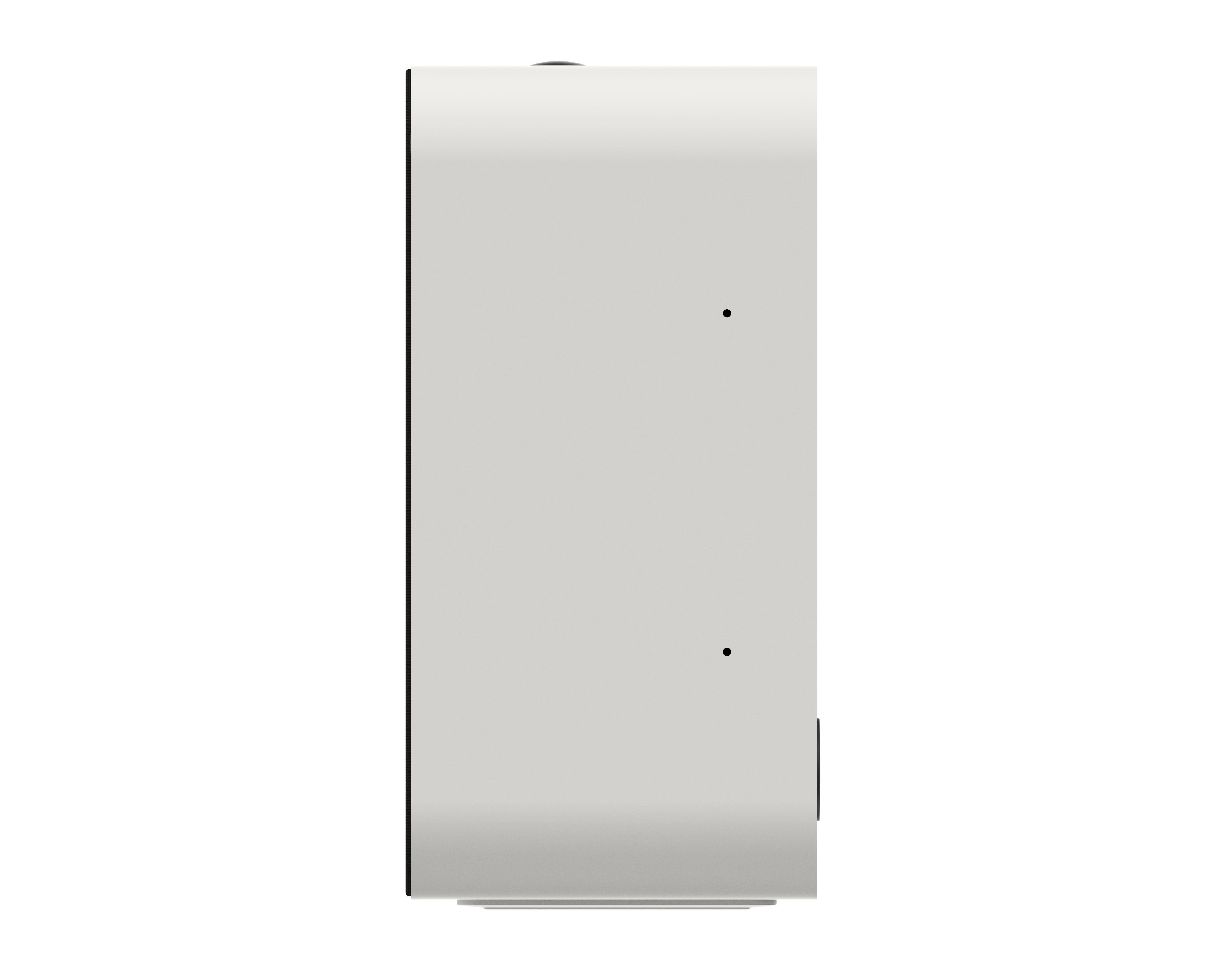 Eine weiße, wandmontierte Leuchte mit zwei kleinen, kreisförmigen Lichtern. Einfaches, minimalistisches Design.