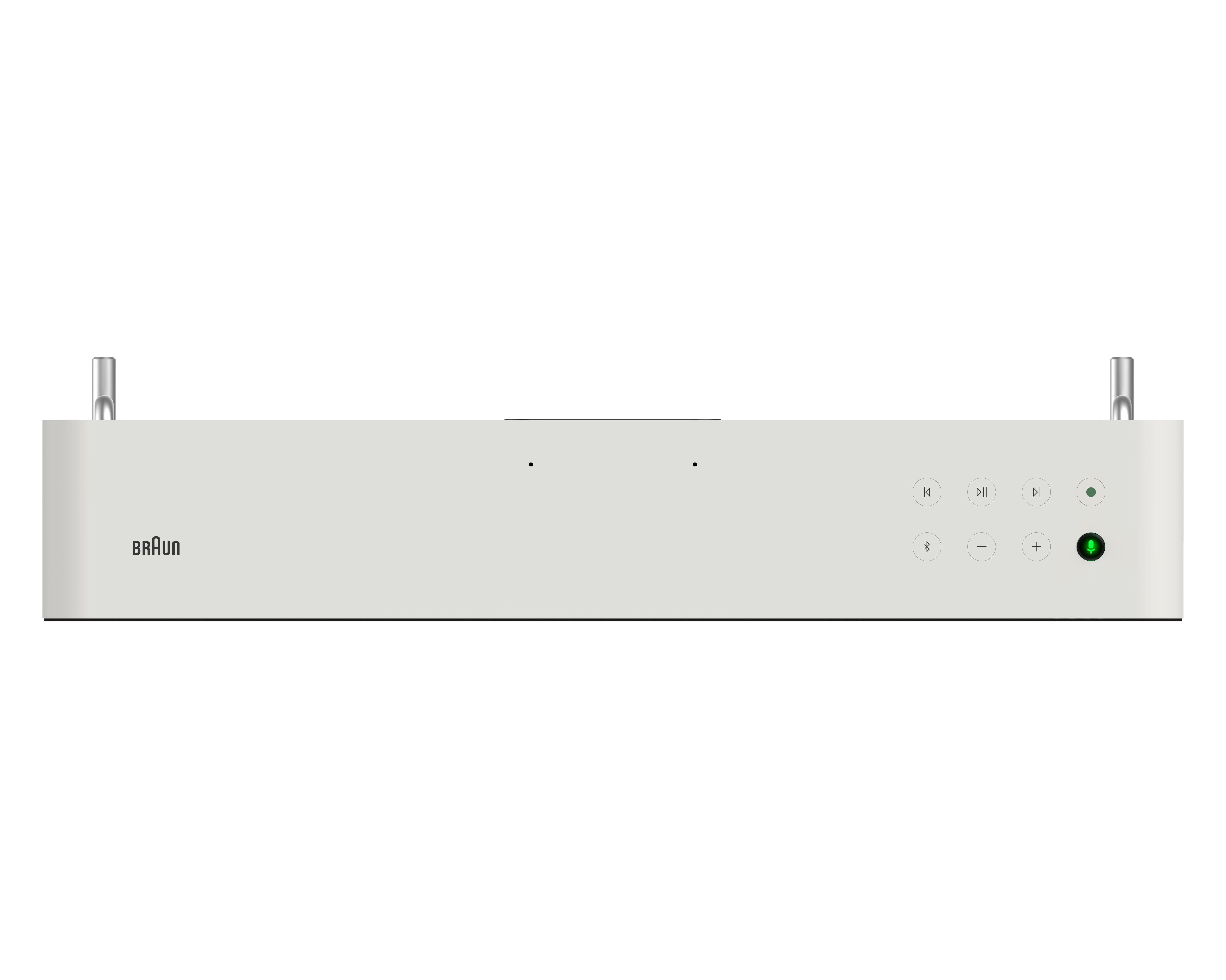 Weiße Soundbar mit Knöpfen und silbernen Enden. Der Text lautet 'Braun'.