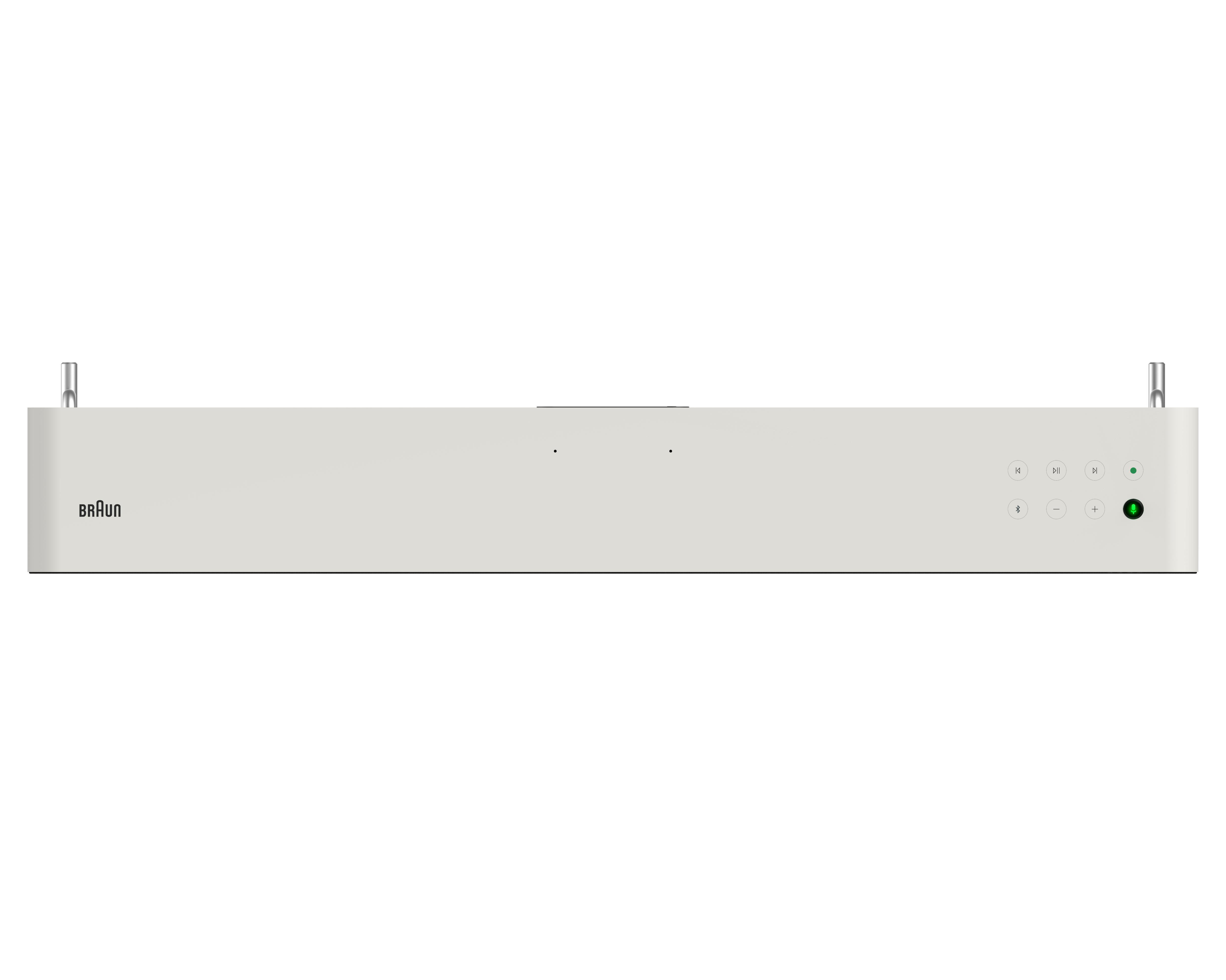 Weiße Braun Soundbar, minimalistisches Design, mit Knöpfen.