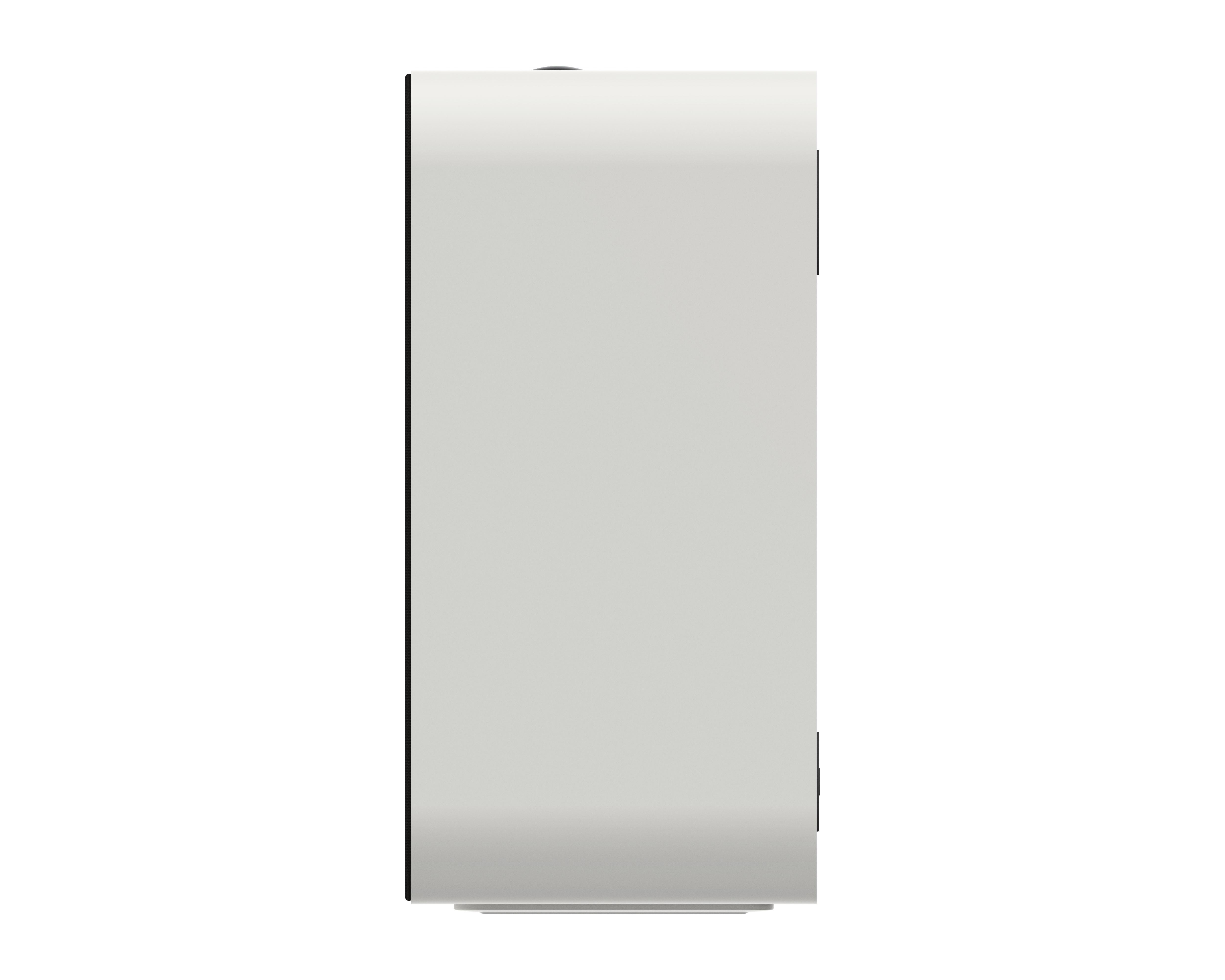 Ein weißer, minimalistischer Lautsprecher, Seitenansicht. Der Lautsprecher hat ein schlankes Design.