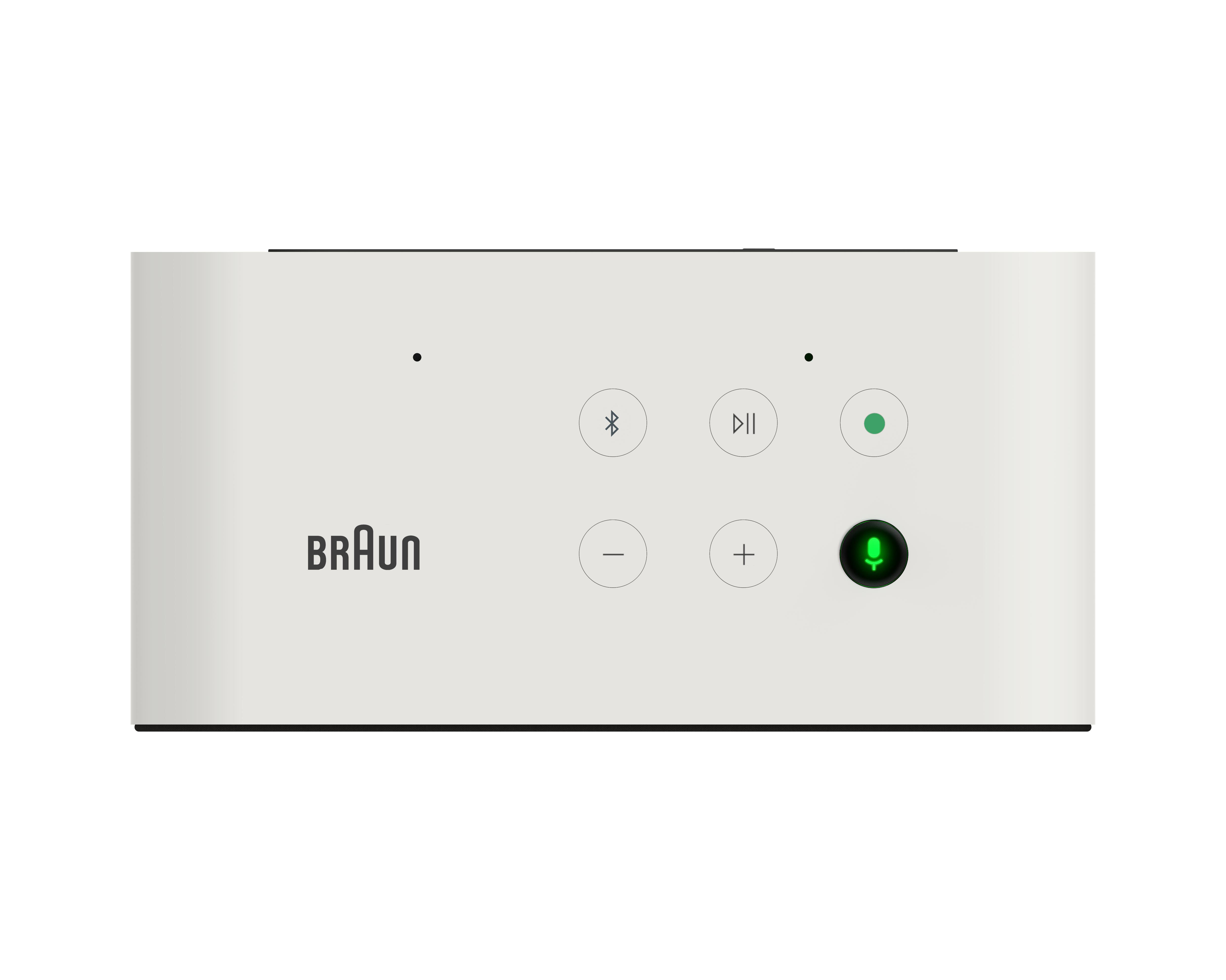 Weißer Braun-Lautsprecher mit schwarzen Knöpfen und dem Braun-Logo. Ein grünes Licht leuchtet.