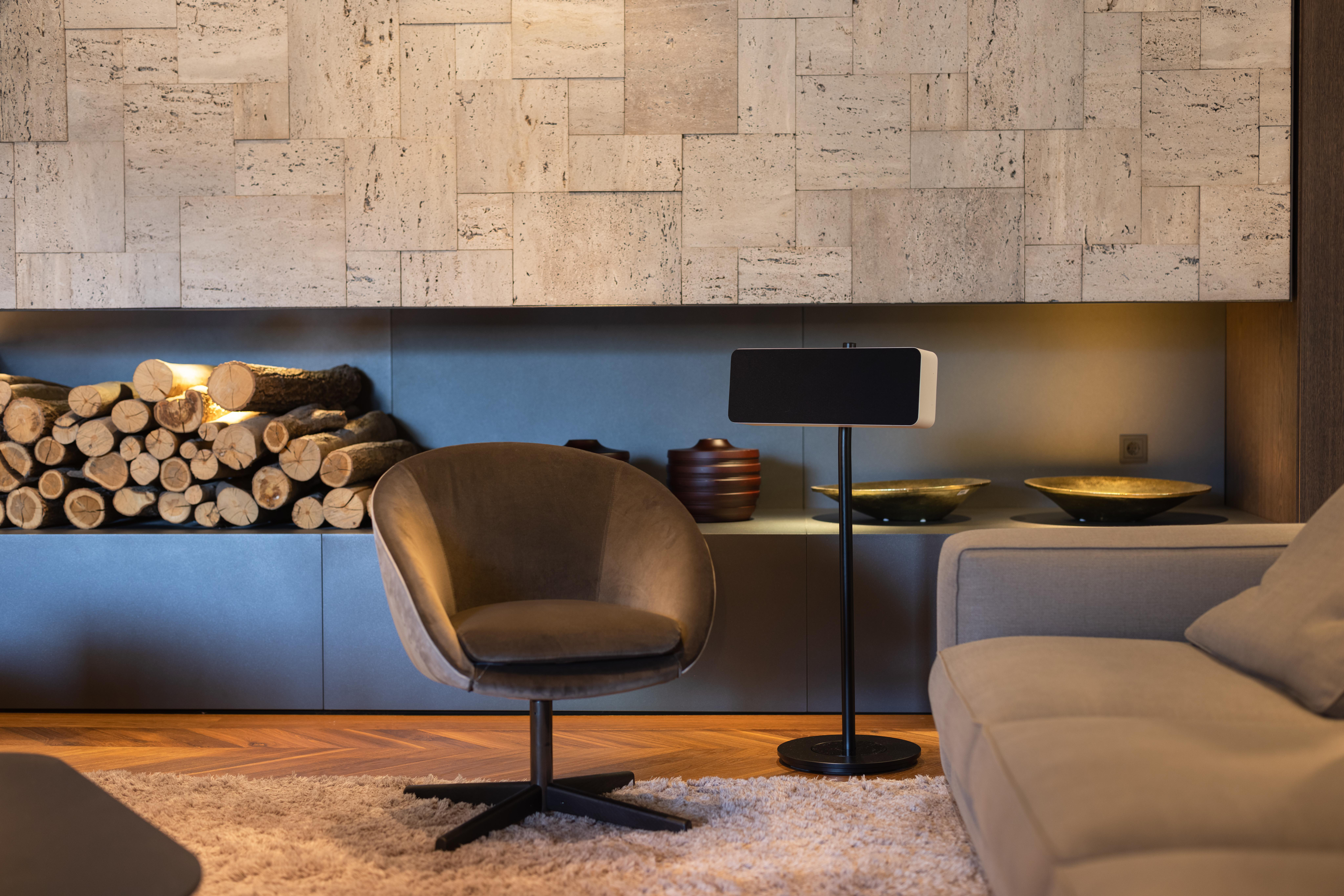 Ein modernes Wohnzimmer mit Lautsprecher, Couch, Stuhl, Teppich und Brennholz.