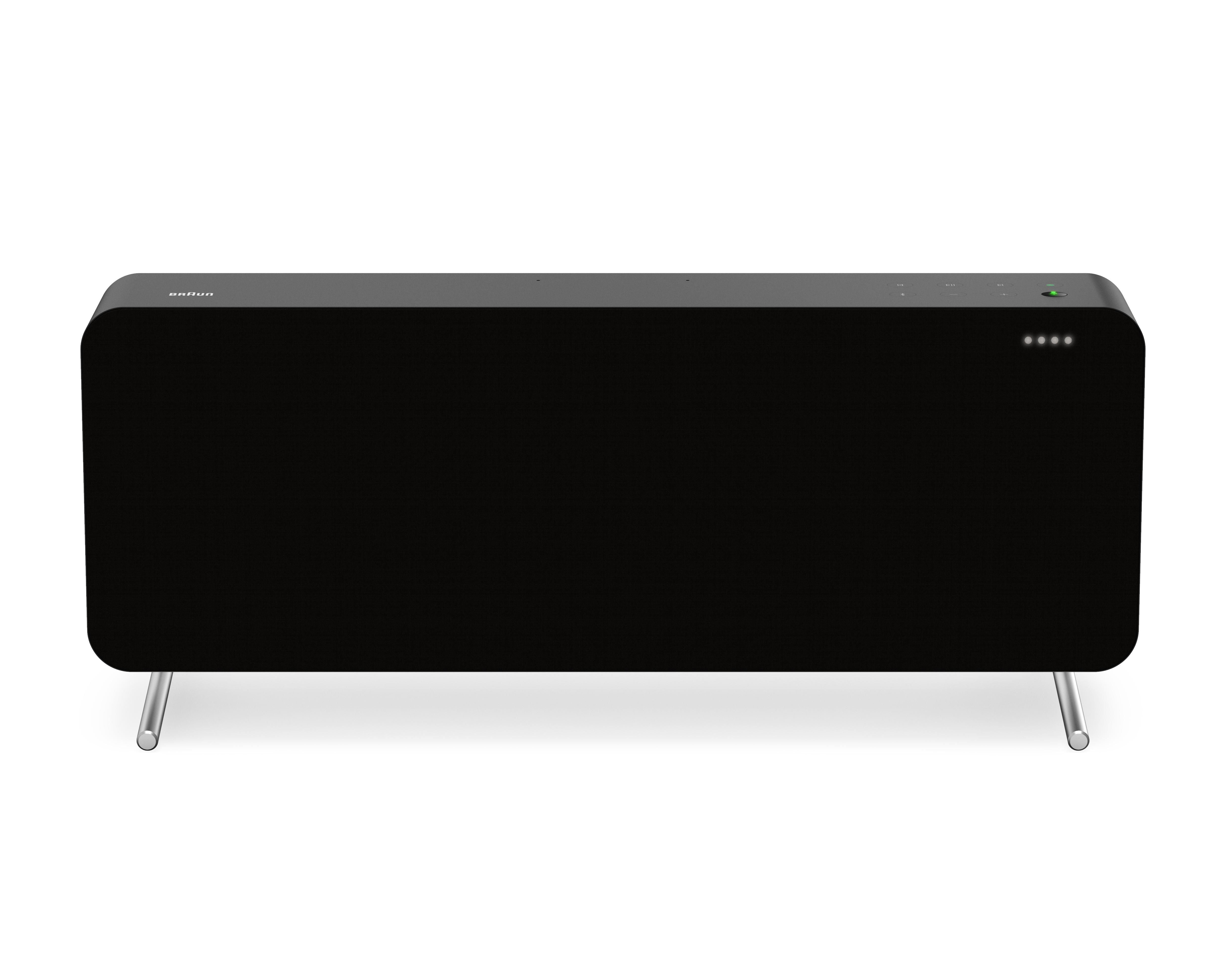 Schwarze Soundbar auf silbernen Beinen, mit einem Bedienfeld mit grüner Kontrollleuchte und Punkten.