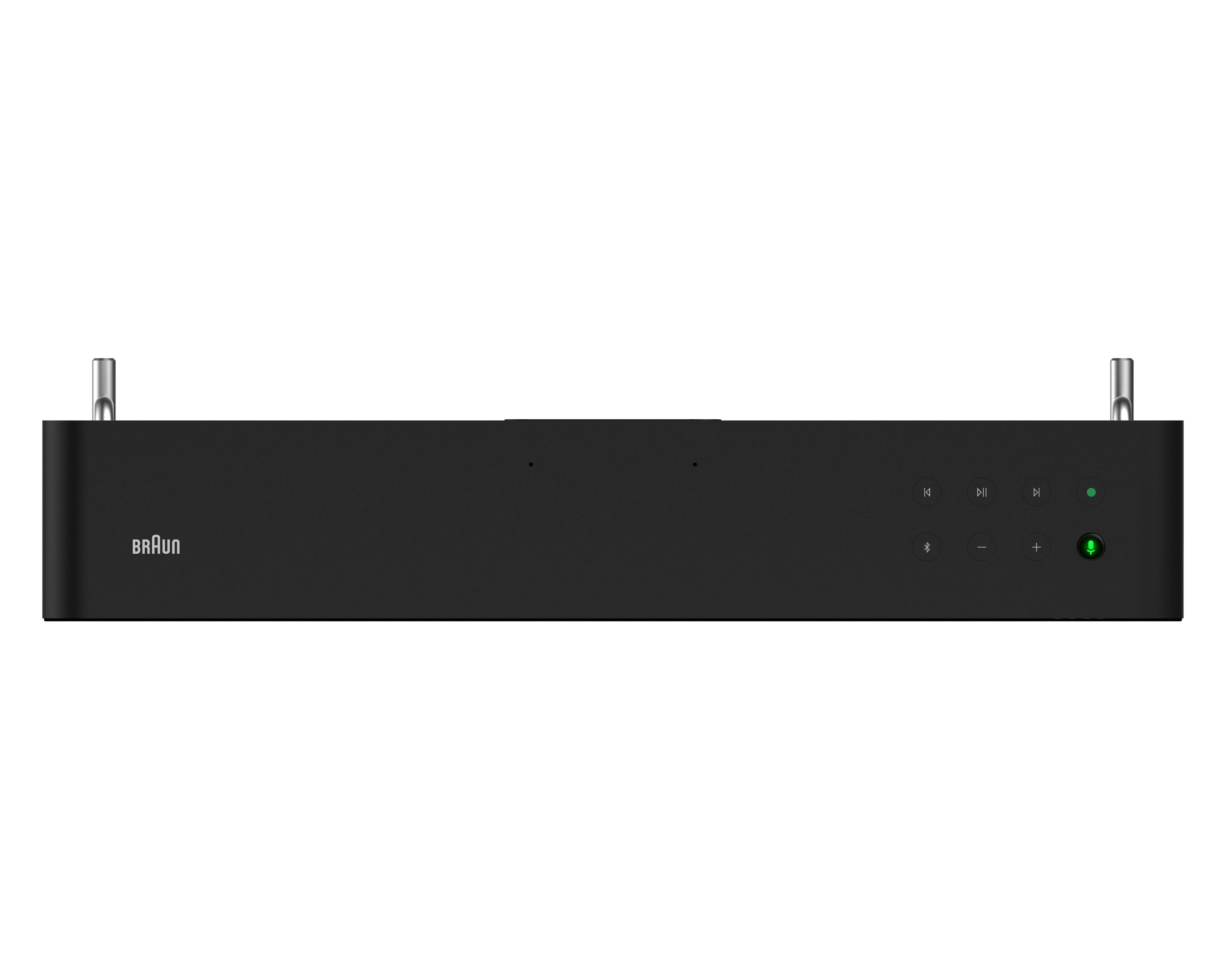 Schwarze Soundbar mit Braun-Logo und Bedienknöpfen. Weißer Hintergrund.