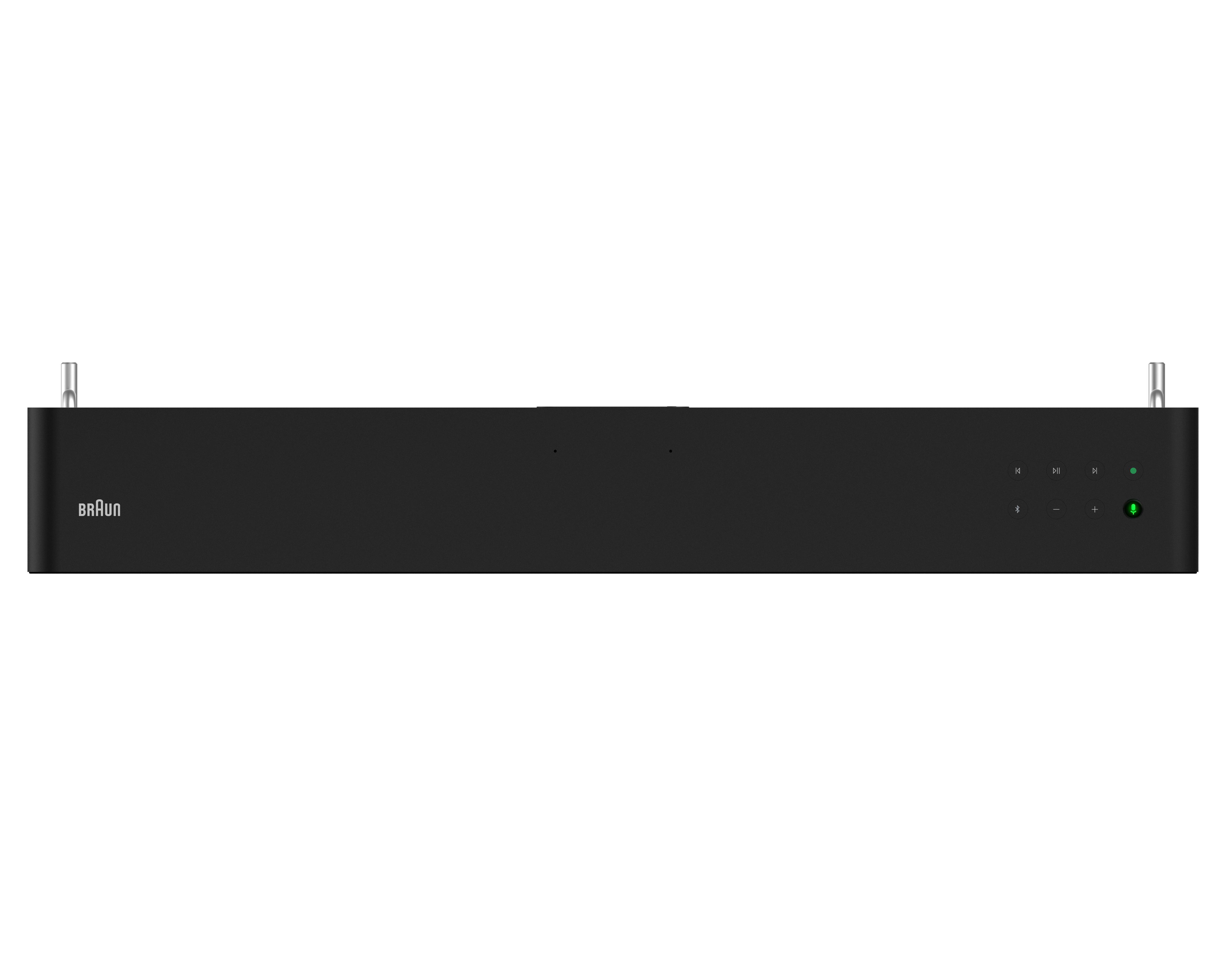 Schwarze Soundbar mit dem Braun-Logo. Sie hat ein schlankes Design und ist auf weißem Hintergrund montiert.