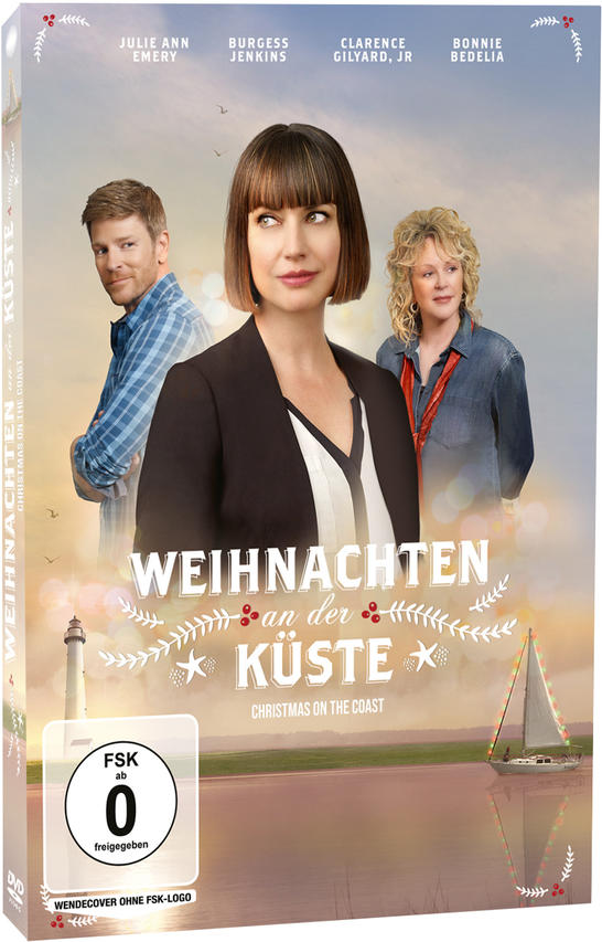 DVD-Cover mit drei Schauspielern, einem Leuchtturm und einem Segelboot. Titel: 'Christmas on the Coast'.
