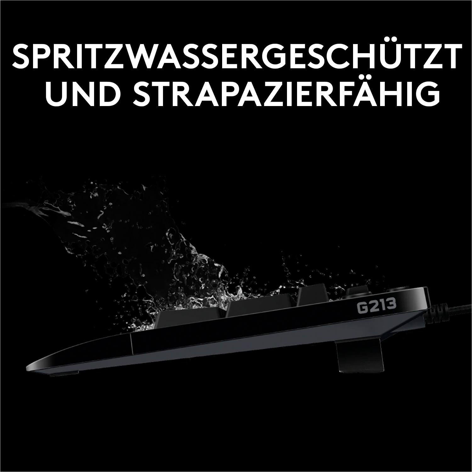 Schwarze Tastatur mit Wasserspritzern auf den Tasten, Text: 'Spritzwassergeschützt'.