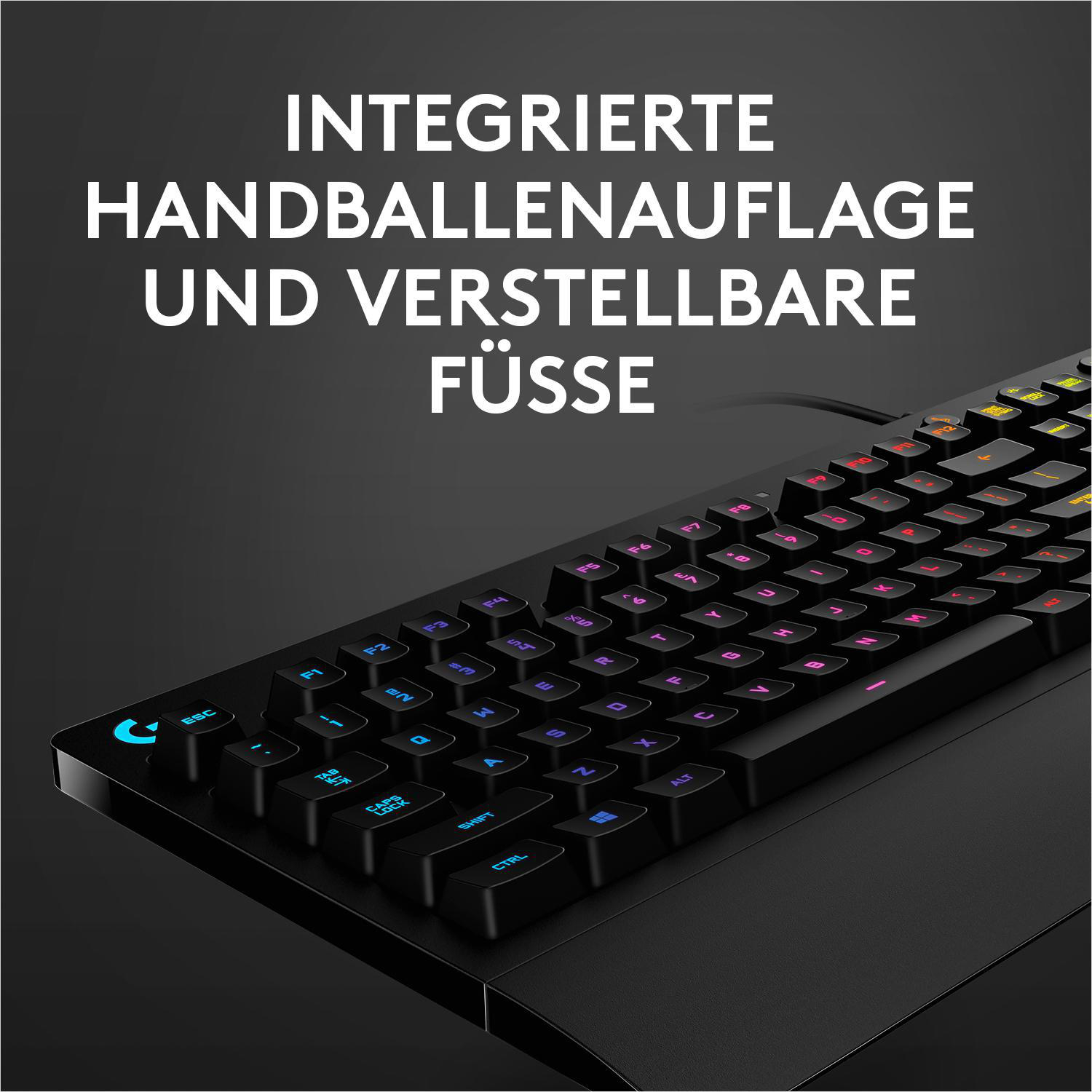 Schwarze Tastatur mit bunten Tasten. Text: 'INTEGRIERTE HANDBALLENAUFLAGE UND VERSTELLBARE FÜSSE'.