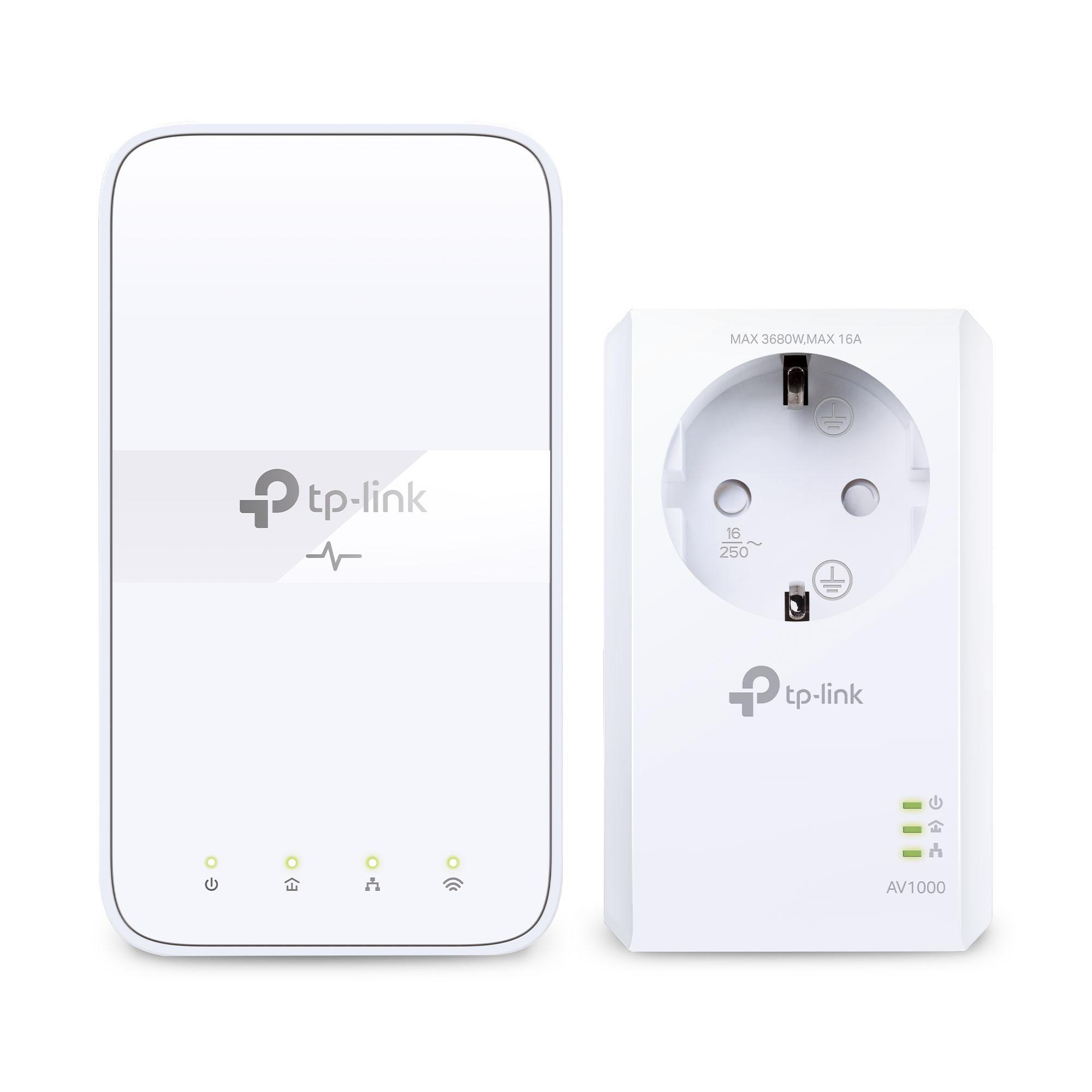 Zwei weiße TP-Link-Geräte. Eines ist ein Powerline-Adapter, das andere ein Steckdosenadapter.