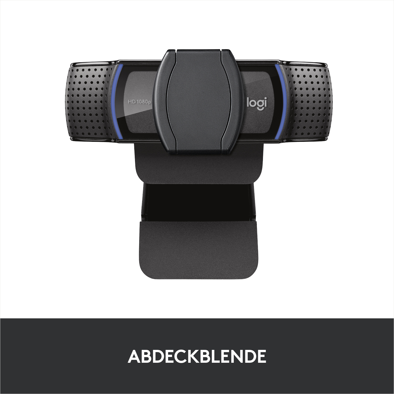 Schwarze Webcam mit quadratischer Montagebasis. Logo und HD 1080p sichtbar.