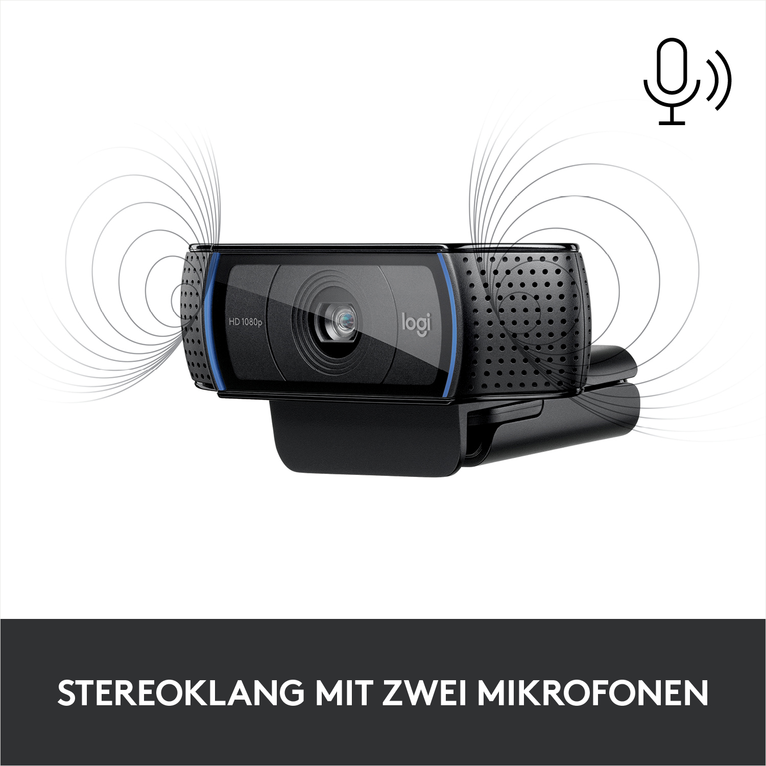 Schwarze Webcam mit Stereosound, mit Mikrofonsymbol und Schallwellen.